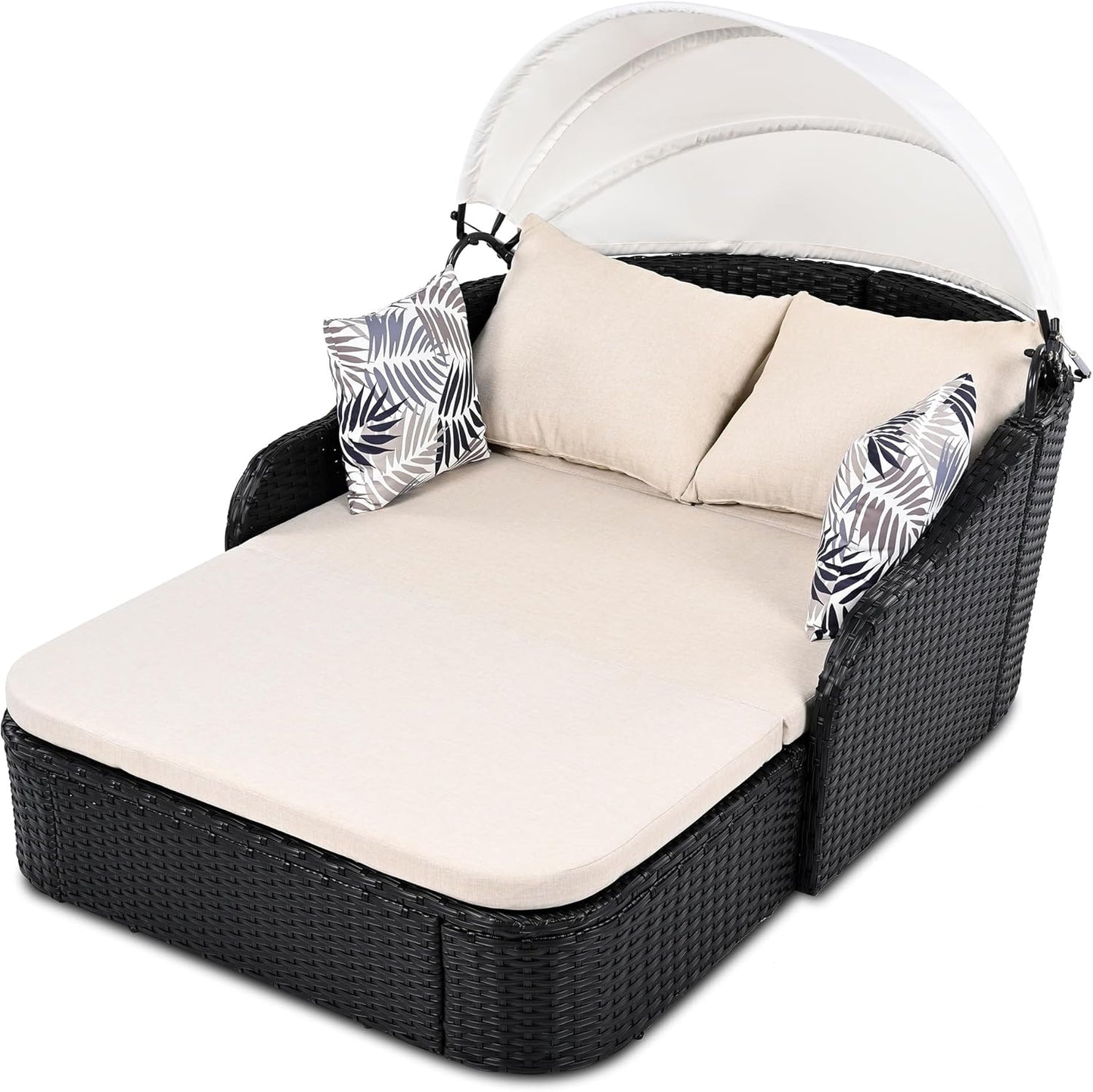 79.9" Outdoor Daybed with Retractable Canopy, PE Rattan Wicker Patio Daybed, 2-Seater Loveseat Lounge Bed Conversation Daybed, Black Wicker and Beige Cushion