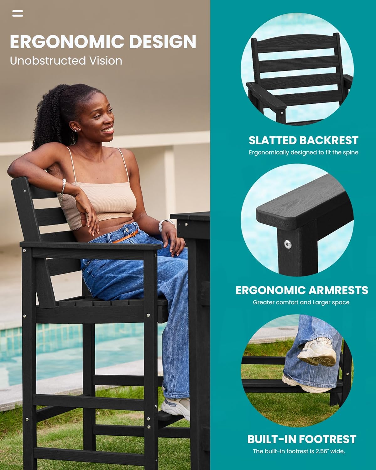 SERWALL Tall Adirondack Chairs Set of 2, Oversize Balcony Adirondack Chairs Set, Outdoor Bar Height Barstools Widened Chair Set for Bistro, Poolside, Garden, Black