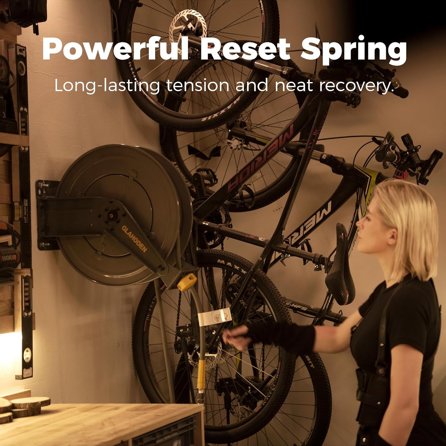 Double Arm Air Hose Reel 50 ft Retractable, 1/2 in Hybrid Hose Heavy Duty Steel Professional Air Compressor Hose Reel with 5 ft Lead in Max 300PSI Auto Rewind Quick Coupler Swivel Fitting