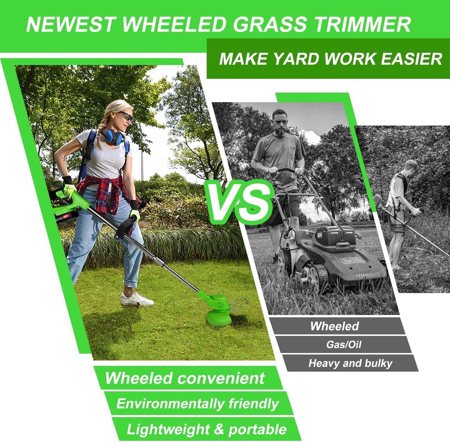 Electric Weed Wacker Cordless Eater 2 Battery, Foldable and Lightweight Grass Trimmer/Brush Cutter,5 Types Blade&Wheels 21V 4.0Ah Battery (2 Pieces) Powered for Garden and Yard (Non-Foldable)