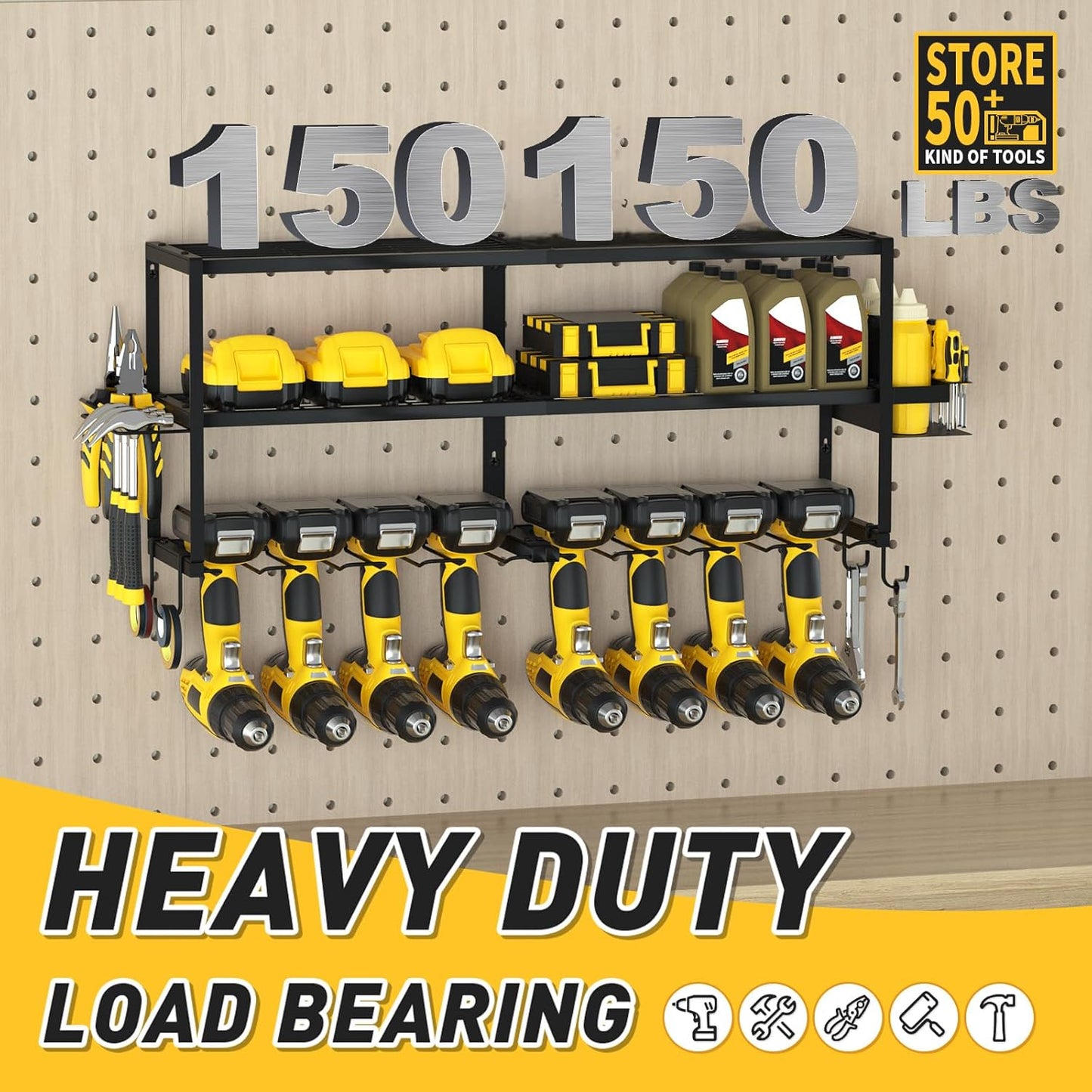 Large Power Tool Organizer Wall Mount for Fathers Dad, 3 Extra Large Layers Heavy Duty Metal Garage Organization Loads 300lbs with 8 Cordless Drill Holder, Power Tool Shelf for Workshop, Utility Racks