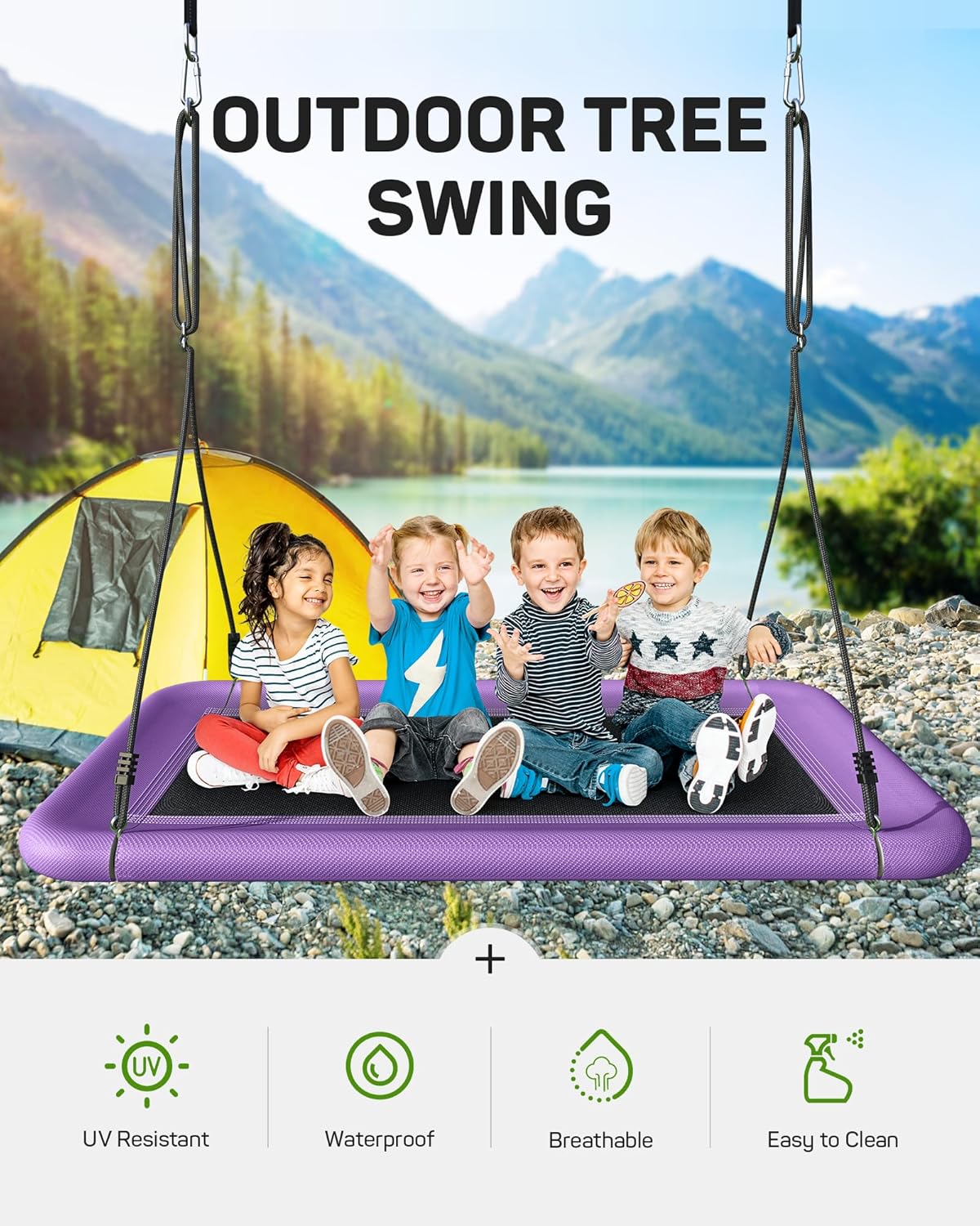 Tree Swing for Kids and Adults, 60" Waterproof Rectangle Platform Swing, 700lbs Heavy Duty with Adjustable Straps, Purple