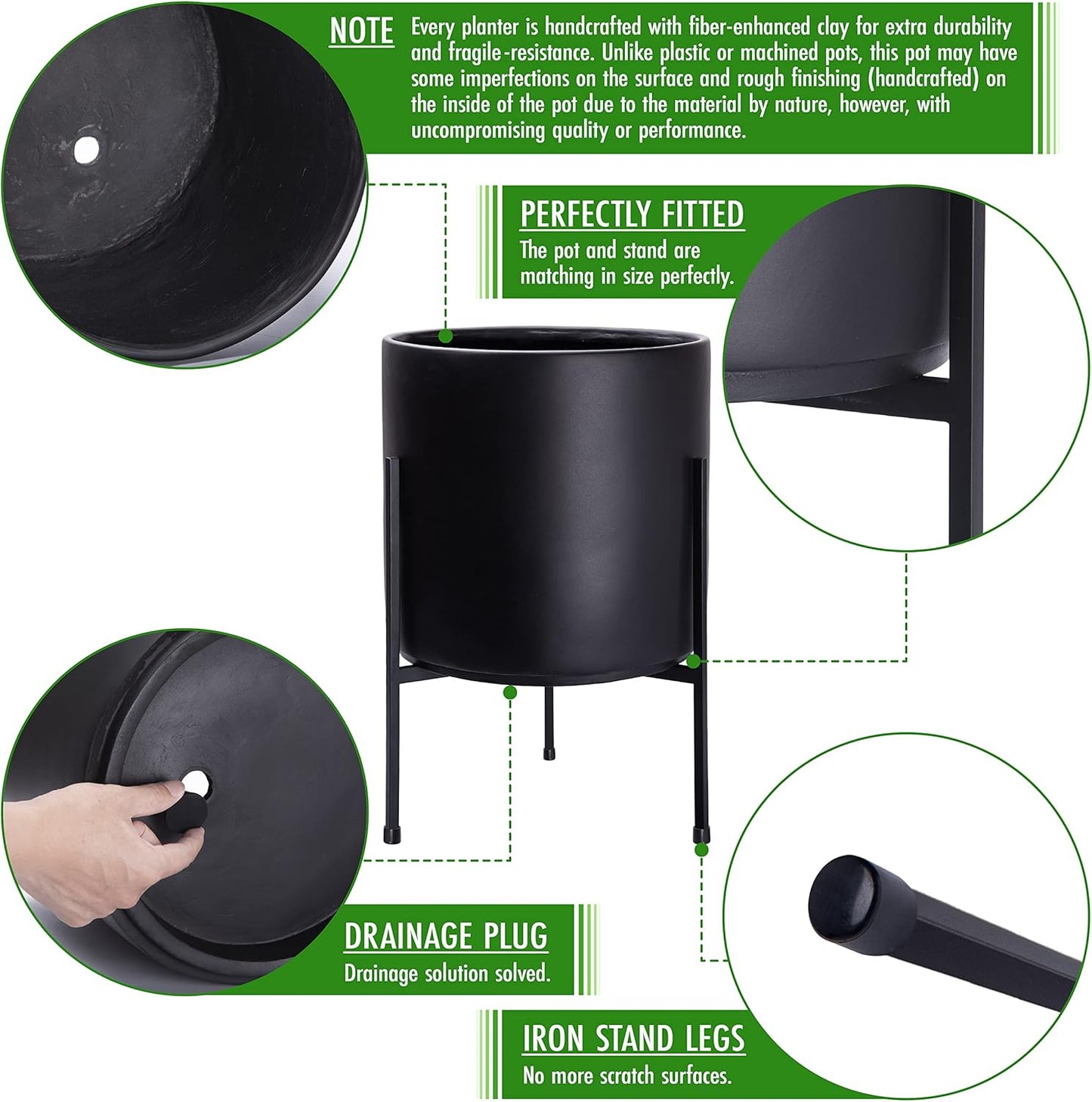 D'vine Dev Modern Black Plants Pot Cylinder Planter with Heavy Duty Stand, Large 12 Inch Pot, 17.6 Inch with Stand Height, 96-T-B-3