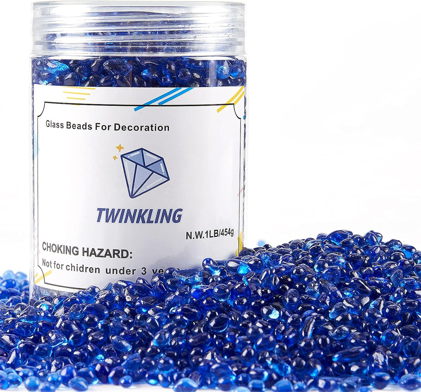 TWINKLING High Luster Round Fire Glass Stones,Glass Marbles Pebbles,Glass Beads Gems for Fire Pit Vase Fillers Crafts Aquarium Garden Decoration,3-6mm,1-Pound Jar (Cobalt Blue)