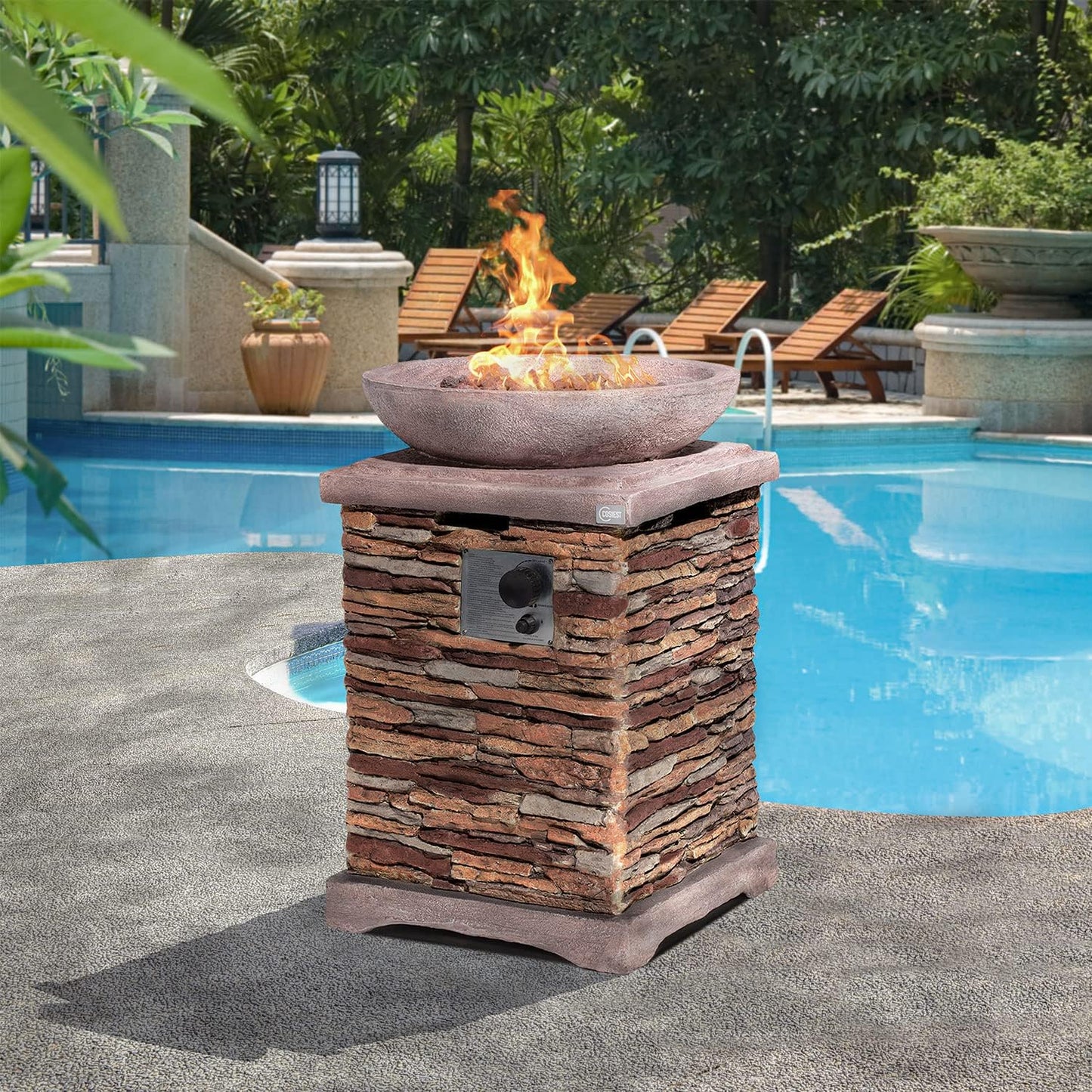 COSIEST Outdoor Propane Fire Pit Table w Faux Brown Compact Ledge Stone 20" Square Base and Faux Rose-Marble Round Bowl, CSA Certified, 40,000 BTU, Free Lava Rocks, Fits 20lb Tank Inside, Raincover