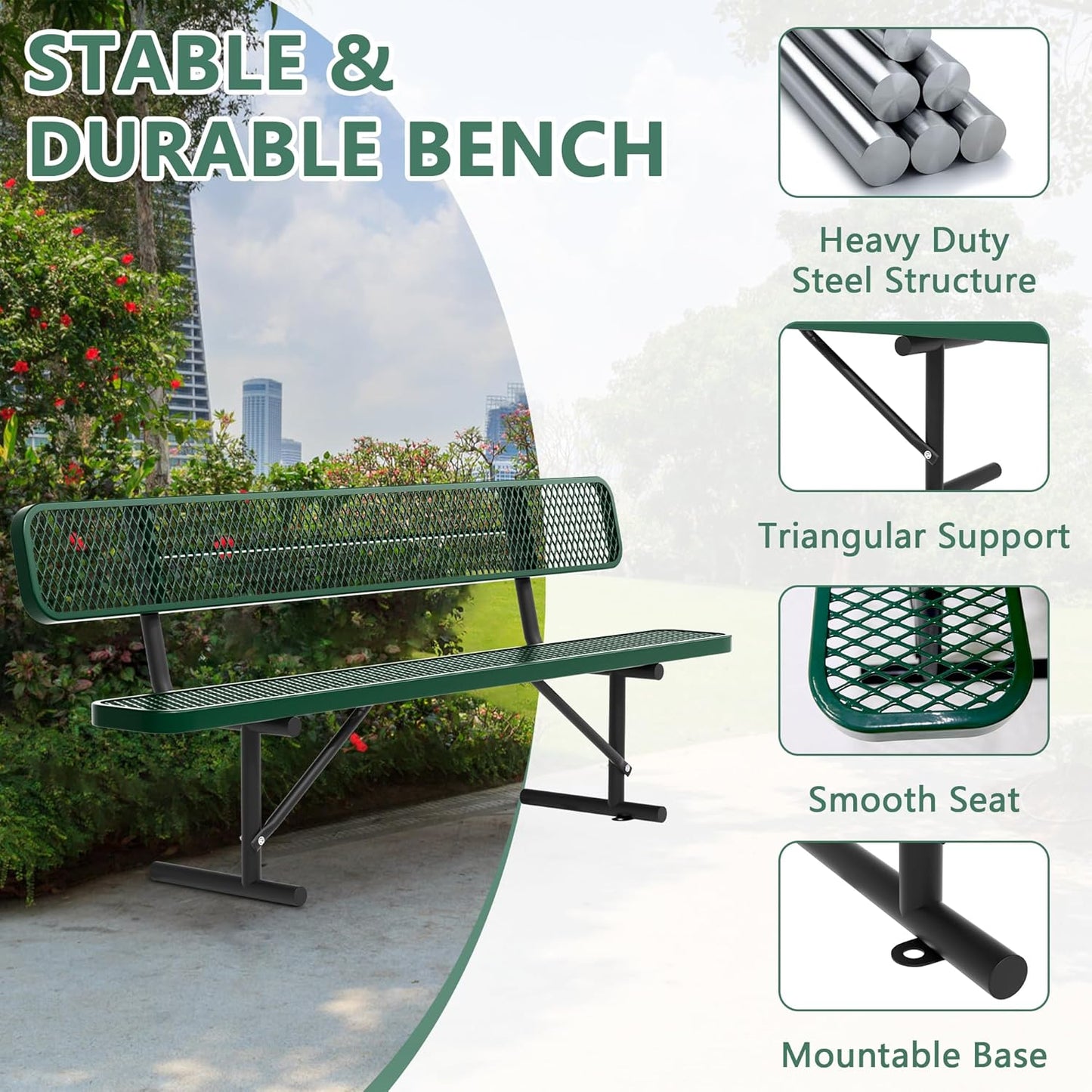 8FT Benches for Outside, Heavy-Duty Green Outdoor Garden Bench with Back, Metal Park Bench, Commercial-Grade Seating,Industrial Bench Patio Bench Furniture for Beach Yard School Shopping Centers