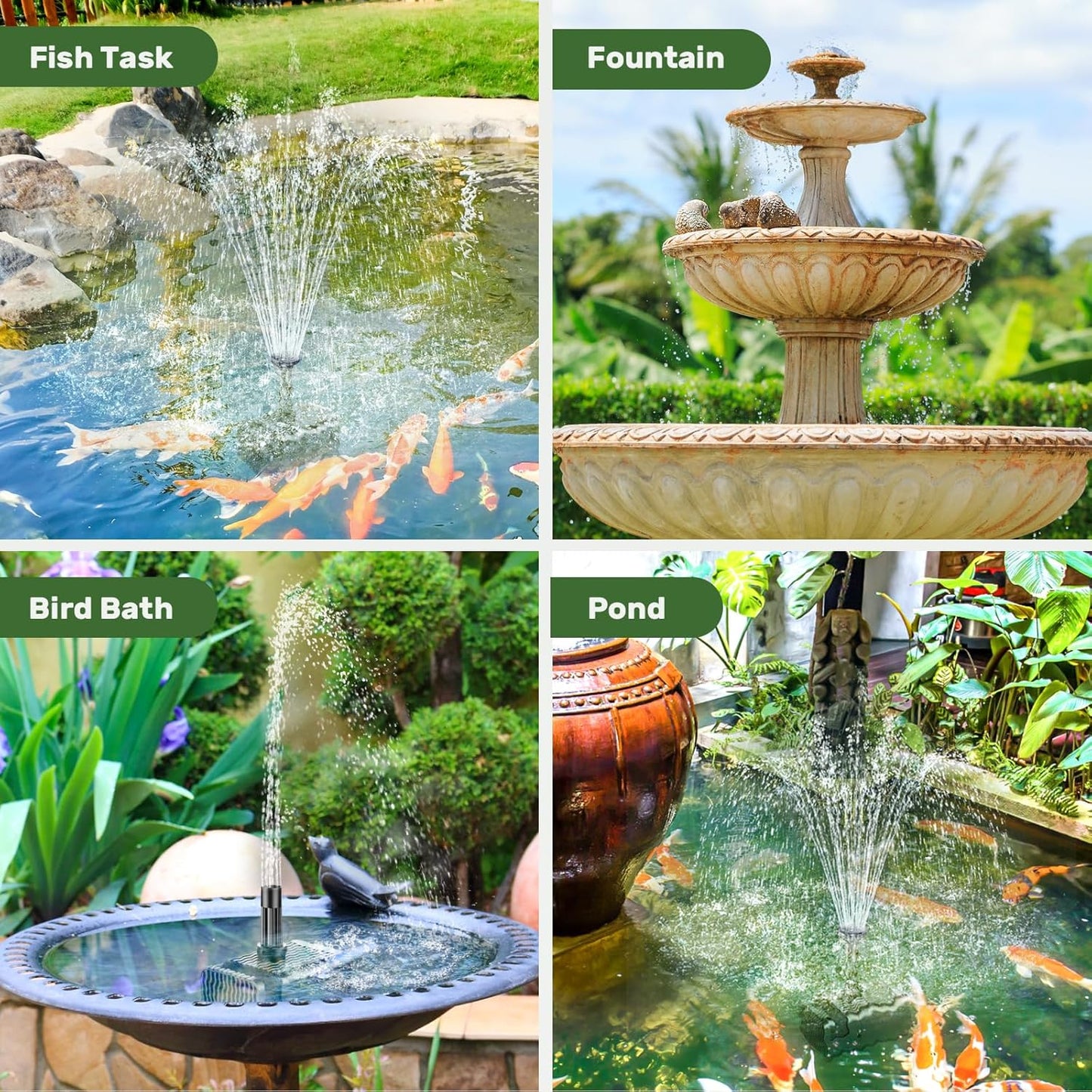 Antfraer Solar Fountain Pump Built-in 3600mAh Battery Backup, 8W Solar Water Pump for Bird Bath with Dry-Run Protection & Double-Layer Nozzles & 5Ft Tubing for Bird Bath Pond Water Features