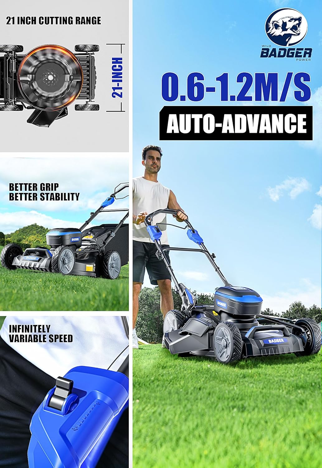 WILD BADGER POWER Lawn Mower Self Propelled 40V Brushless 21" Cordless, 7 Cutting Height Adjustments Electric Lawn Mower, Quickly Folding, 2 * 4.0Ah Battery and1*2Ah Super Charger Included