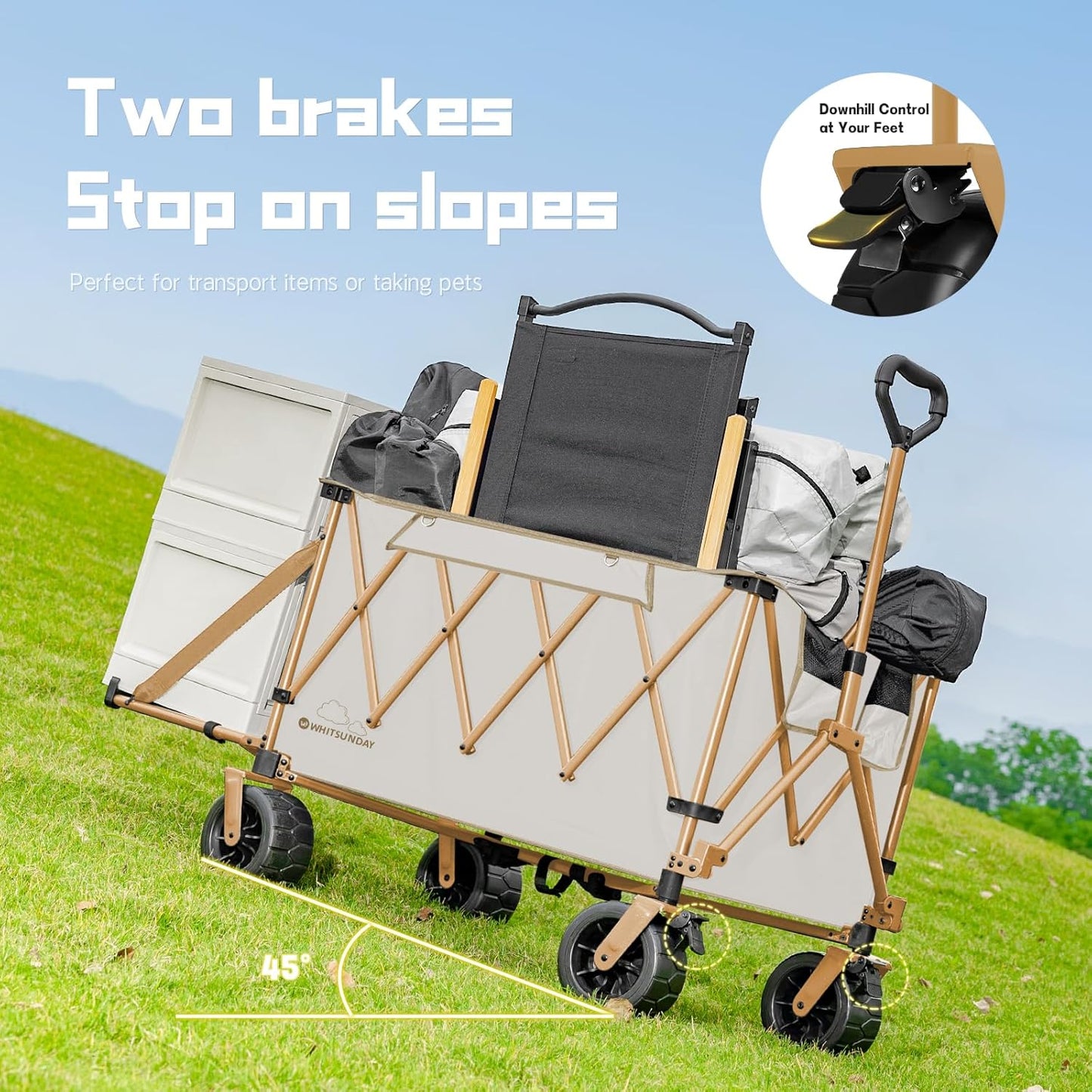 Whitsunday Collapsible Folding Wagon with Table, Heavy Duty Utility Beach Wagons with Opened Tailgate and All-Terrain Wheels for Camping,Garden,Sports (Max Beige)