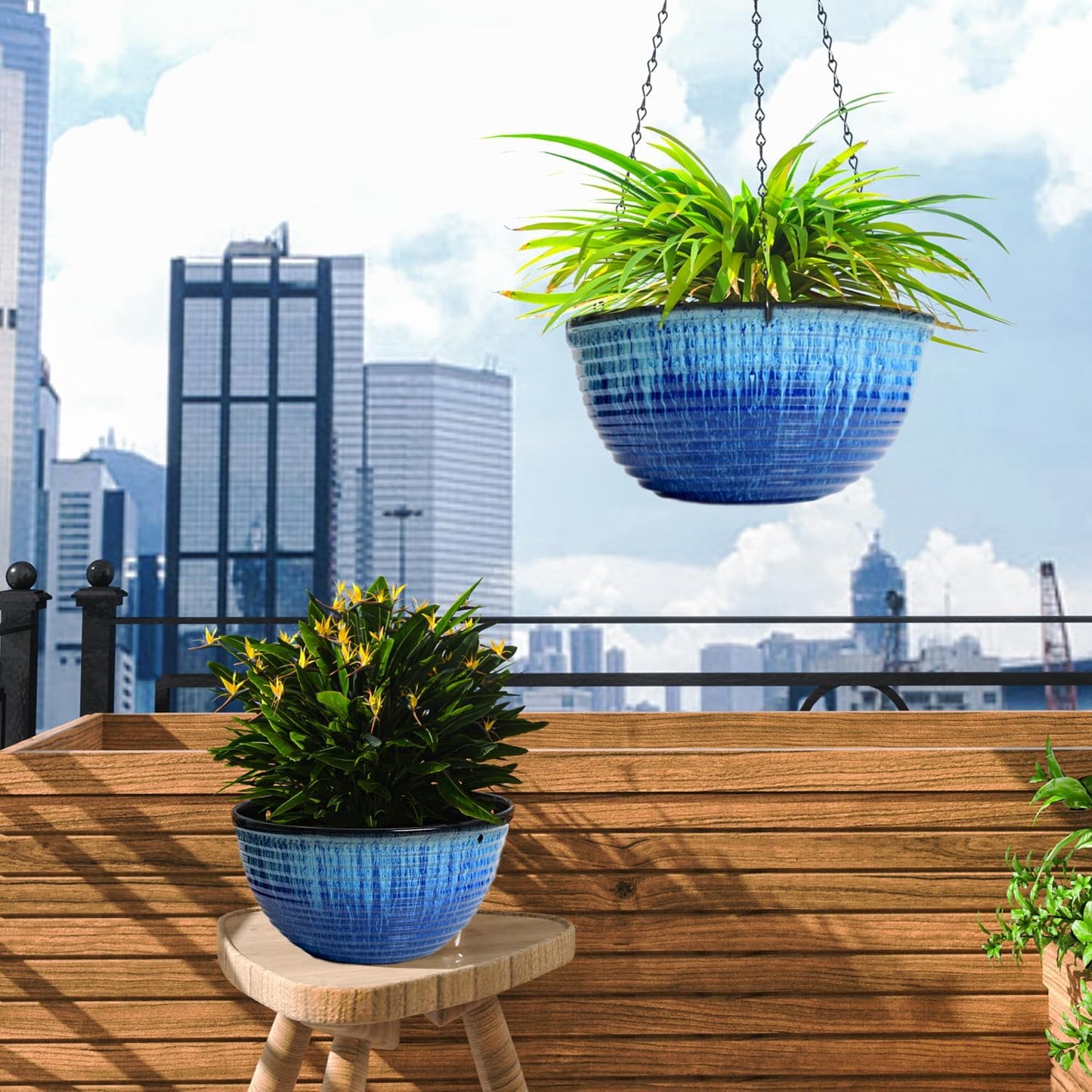 2 Pack Hanging Planters for Indoor Outdoor Plants, 10 Inch Hanging Planter with Drainage Hole & Plug Glazed Hanging Baskets Flower Pots for Garden Home (Blue Flow Glaze)