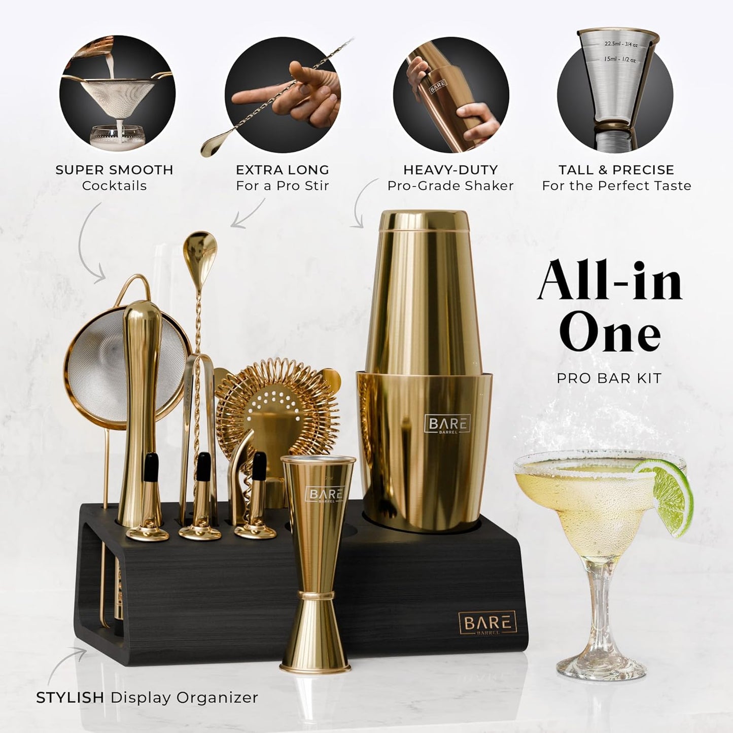 BARE BARREL® Mixology Bartender Kit Bar Set | 14-Piece Cocktail Shaker Set | Martini Barware Mixing Tools for Home Bartending | Incl. 35 Recipe Cards | Gift Set (28oz Boston Shaker, Gold/Black)