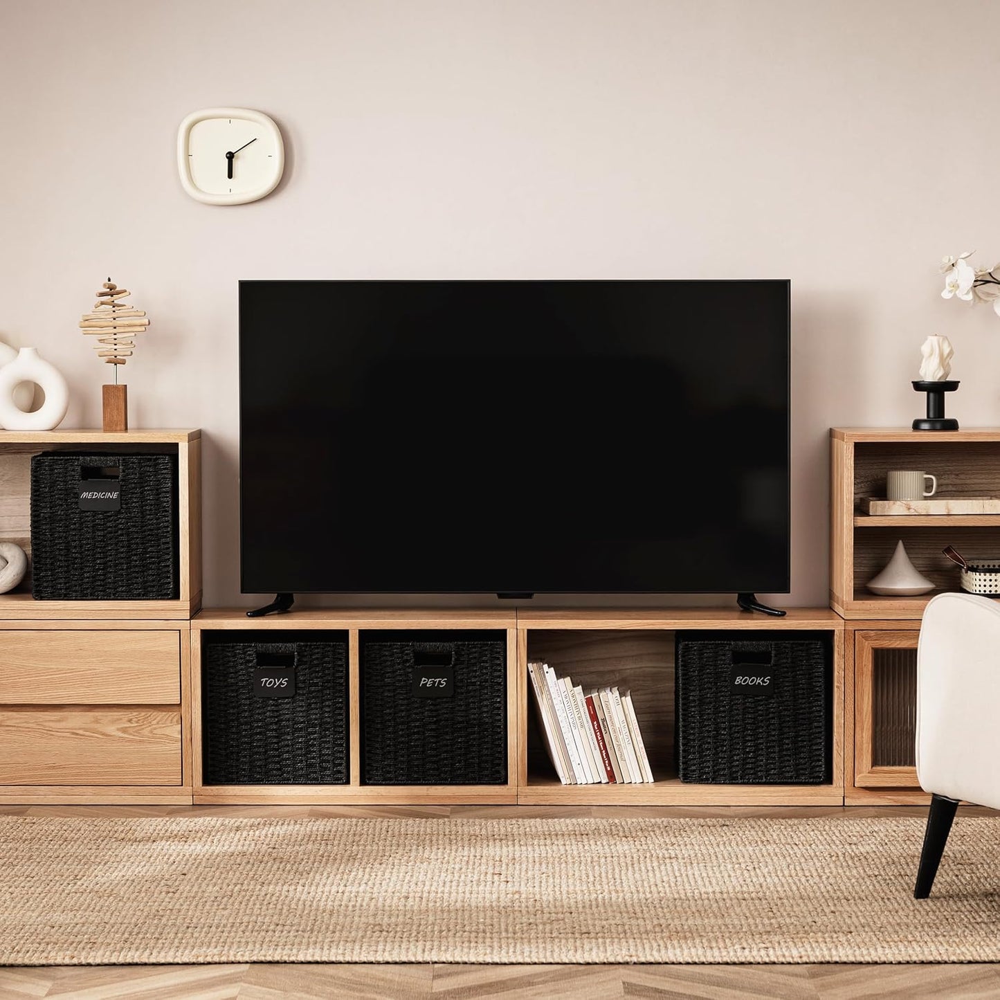 UBBCARE 4 Pack Wicker Basket, 13×13 Storage Cubes with Label, Foldable Cube Storage Bin with Handle, Square Storage Basket for Shelves, Woven Paper Rope Basket for Organizing, Black