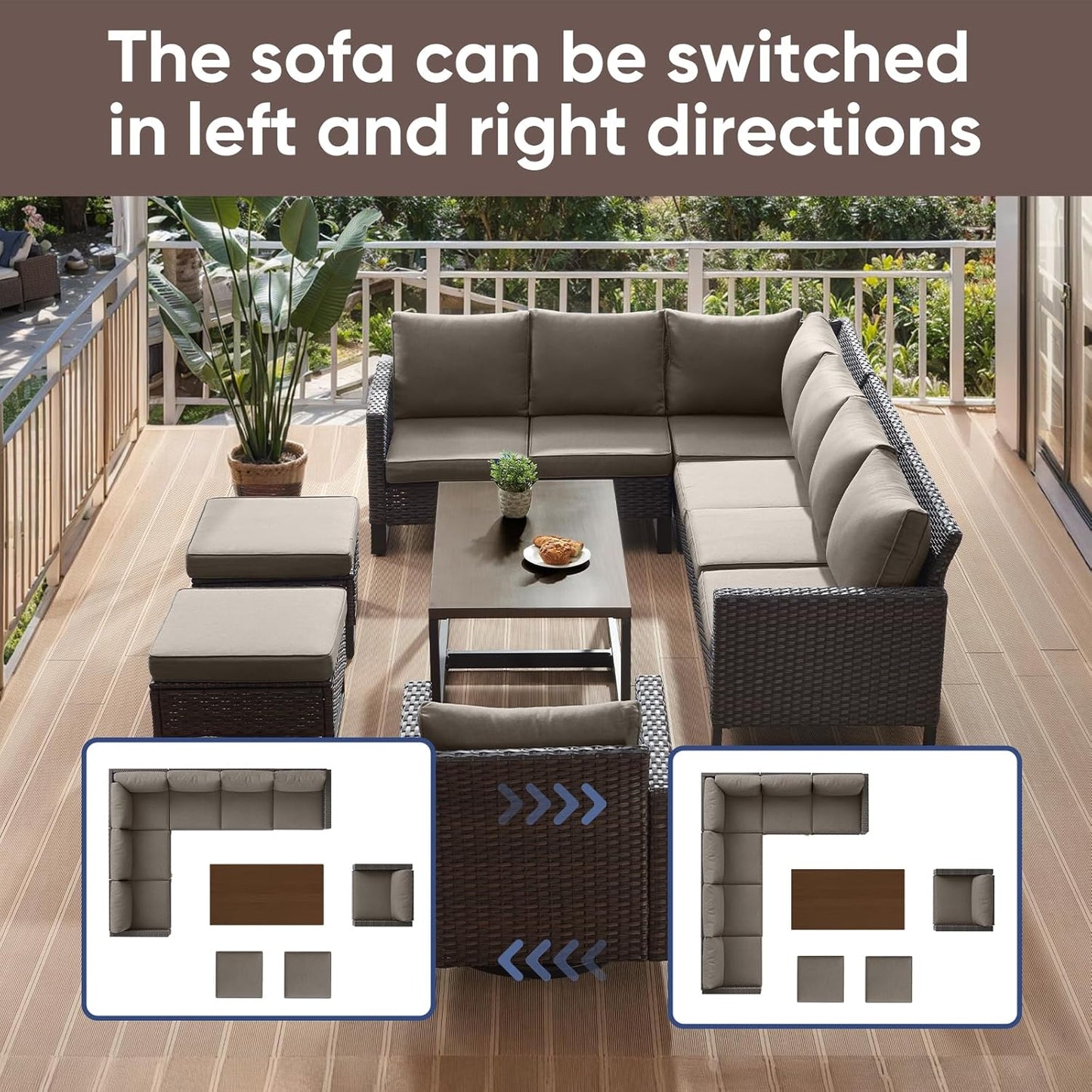 HUMMUH 8 Piece Patio Furniture Set PE Wicker Outdoor Sectional Sofa and Patio Swivel Chairs Outdoor Dining Table Ottomans for Porch,Garden,Backyard,Deck(Brown/Grey)