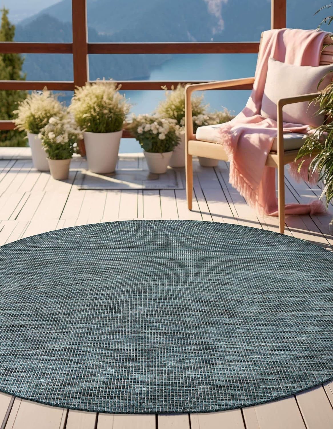 Unique Loom Outdoor Solid Collection Area Rug (10' Round Teal/Navy Blue)