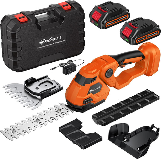 Hedge Trimmer Cordless with Battery, 2-in-1 Electric 21V Handheld Grass Shear Cutter with 2 Pack Rechargeable Battery, Mini Bush Trimmer Kit for Garden Yard Lawn Pruning, Orange