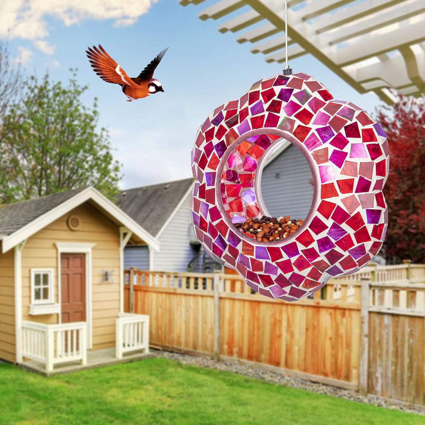 Yinns 9 inch Large Mosaic Bird Feeder, Fly Through Glass Bird Feeder, Hanging Bird Feeder with Oval Stained Glass for Outdoor Garden Decor