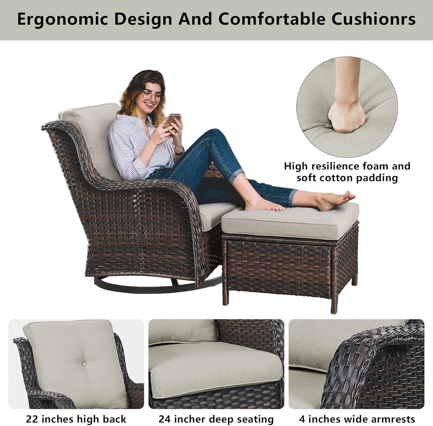 Wicker Patio Furniture Sets - 13 Piece Outdoor Rattan Furniture Conversation Sets with 4 Swivel Rocker Chairs, 2 Rattan Sofas, Wicker Ottomans and Coffee Table, Brown/Beige