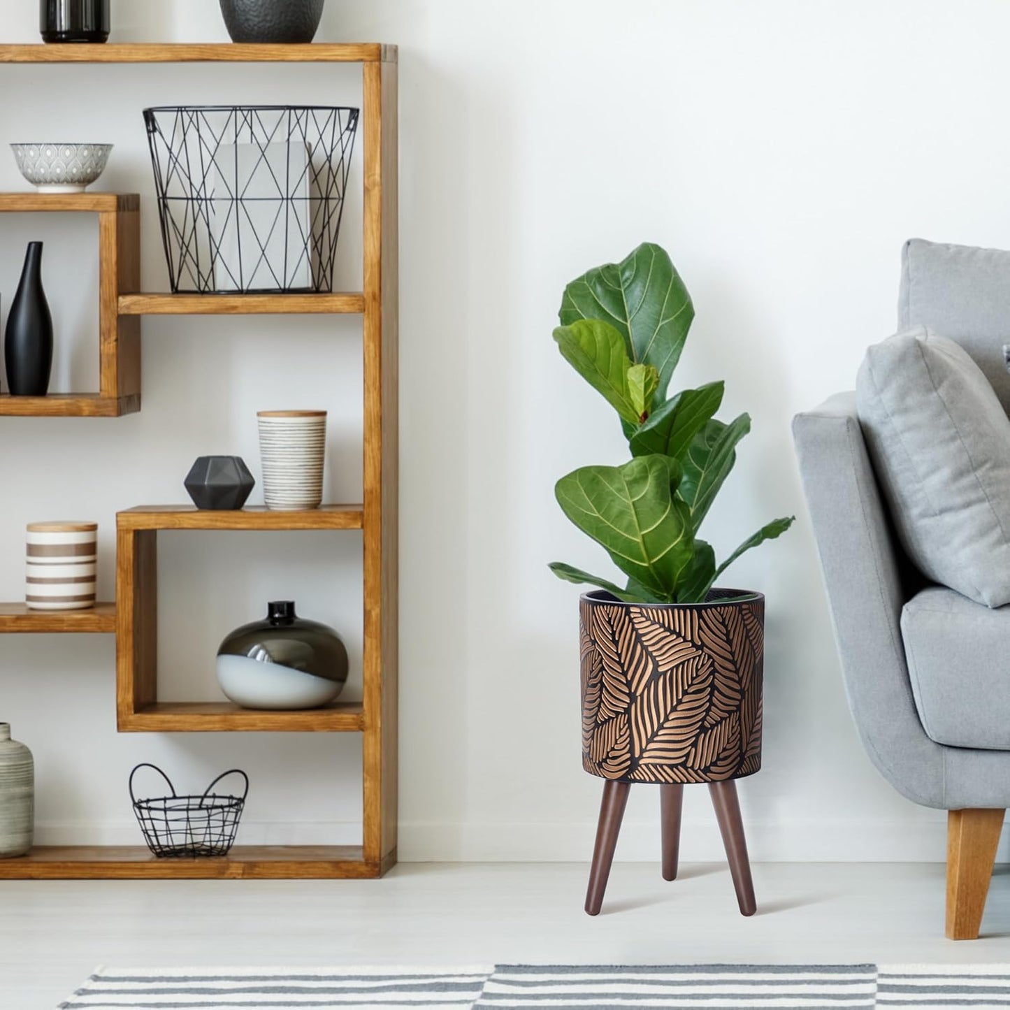 D'vine Dev 10 Inch Planter Pot with Stand, Mid-Century Tall Plant Pot with Legs for Indoor Plants, Medium, Bronze/Grey, 88-L-B-6