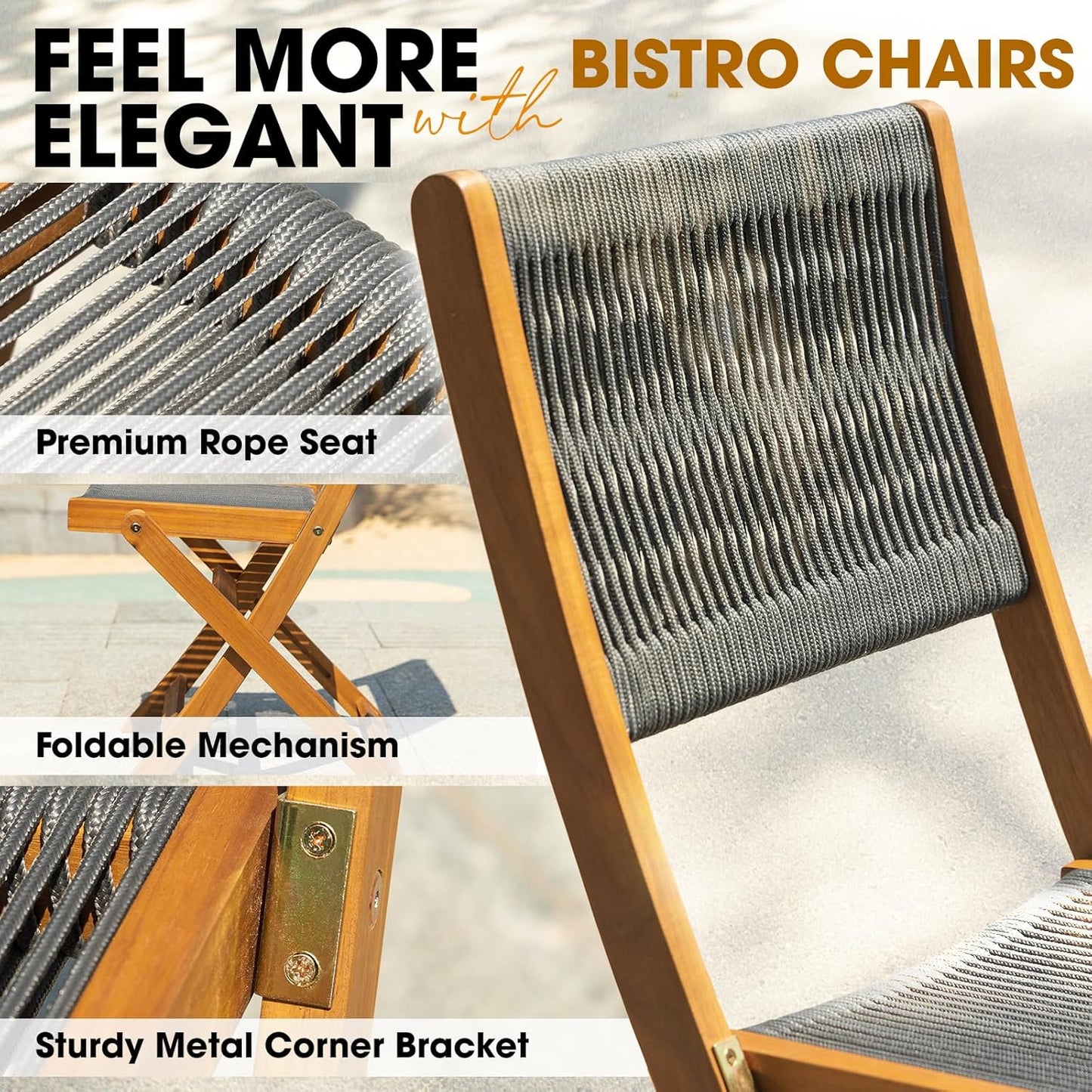 IDZO Wood Rope Design Heavy Duty 400lbs Capacity Patio Bistro Set 3 Piece Outdoor, Grey