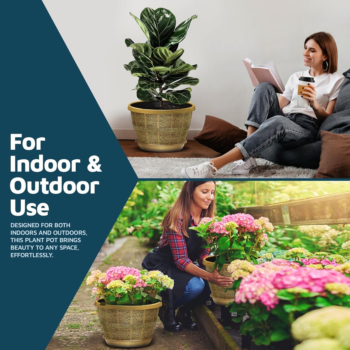 10-Inch Whiskey Barrel Planters Outdoor Pack of 2 - Durable Plastic Plant Pots for Indoor & Outdoor Use with Drainage & Saucer, Lightweight Rustic Barrel Planters for Flowers, Herbs & Small Plants