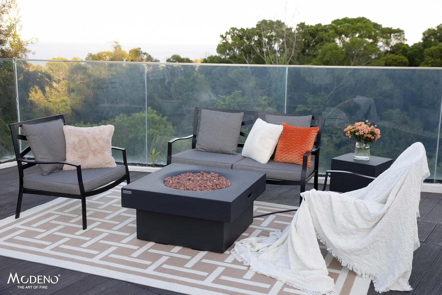 AMS Fireplace | Modeno Branford Package | Black Natural Gas Fire Pit Table for Outside Patio Bundle with Wind Guard, SS Burner Lid | Free Ice Bucket & Rubber Mat