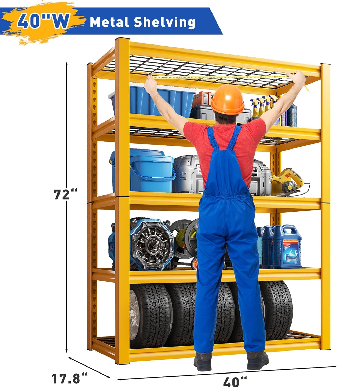 REIBII Storage Shelves 40''W Garage Shelving Heavy Duty Metal Shelving 2000LBS Metal Shelves 5 Tier Industrial Shelf for Kitchen Pantry Warehouse Basement 72" H x 40''W x 17.8''D, Yellow