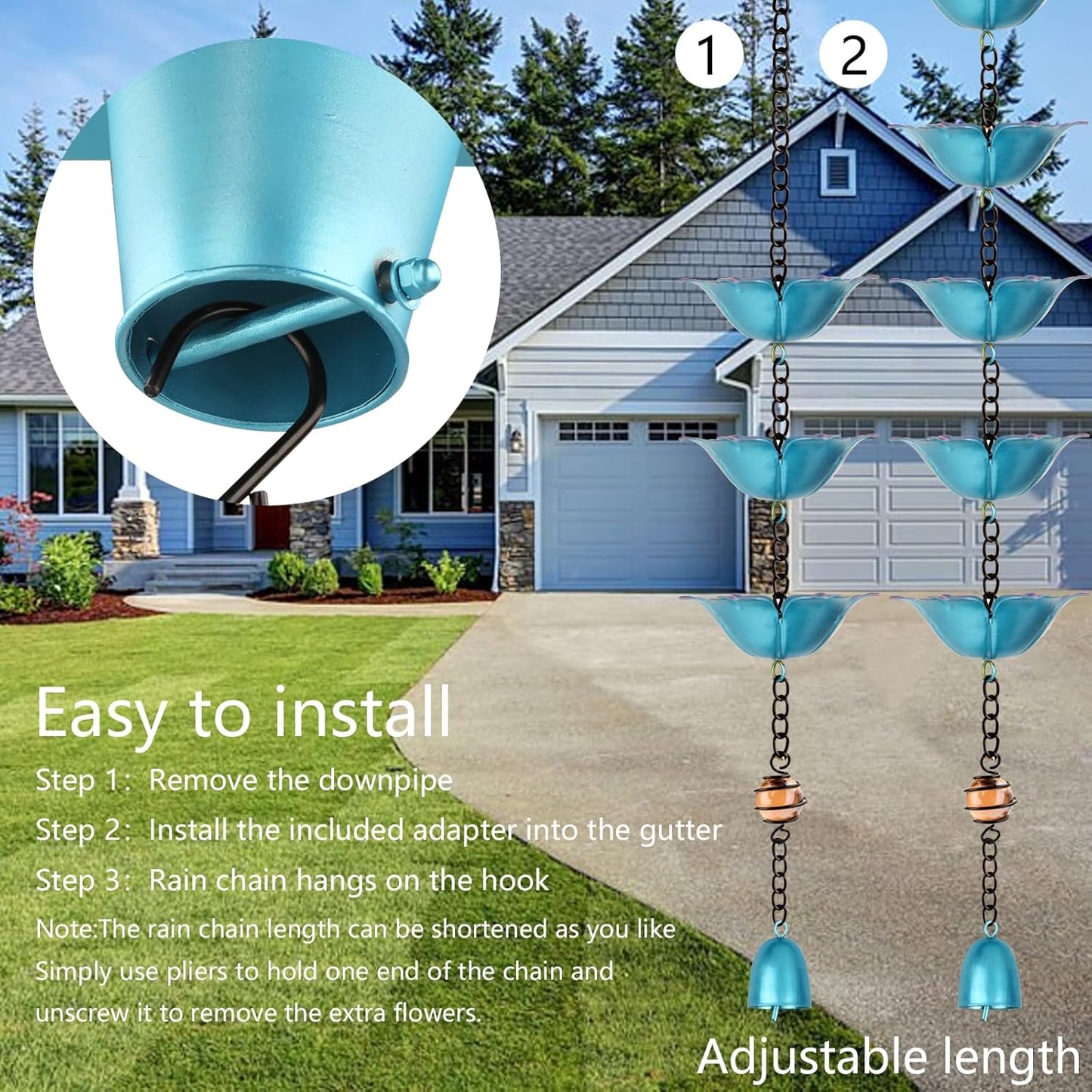 9FT Wrought Iron Rain Chain Set with 1 Adapter,Rain Chains for Outside with Rain Chain 16 Cups Flowers and Decorative Small Bell (Blue-Purple)