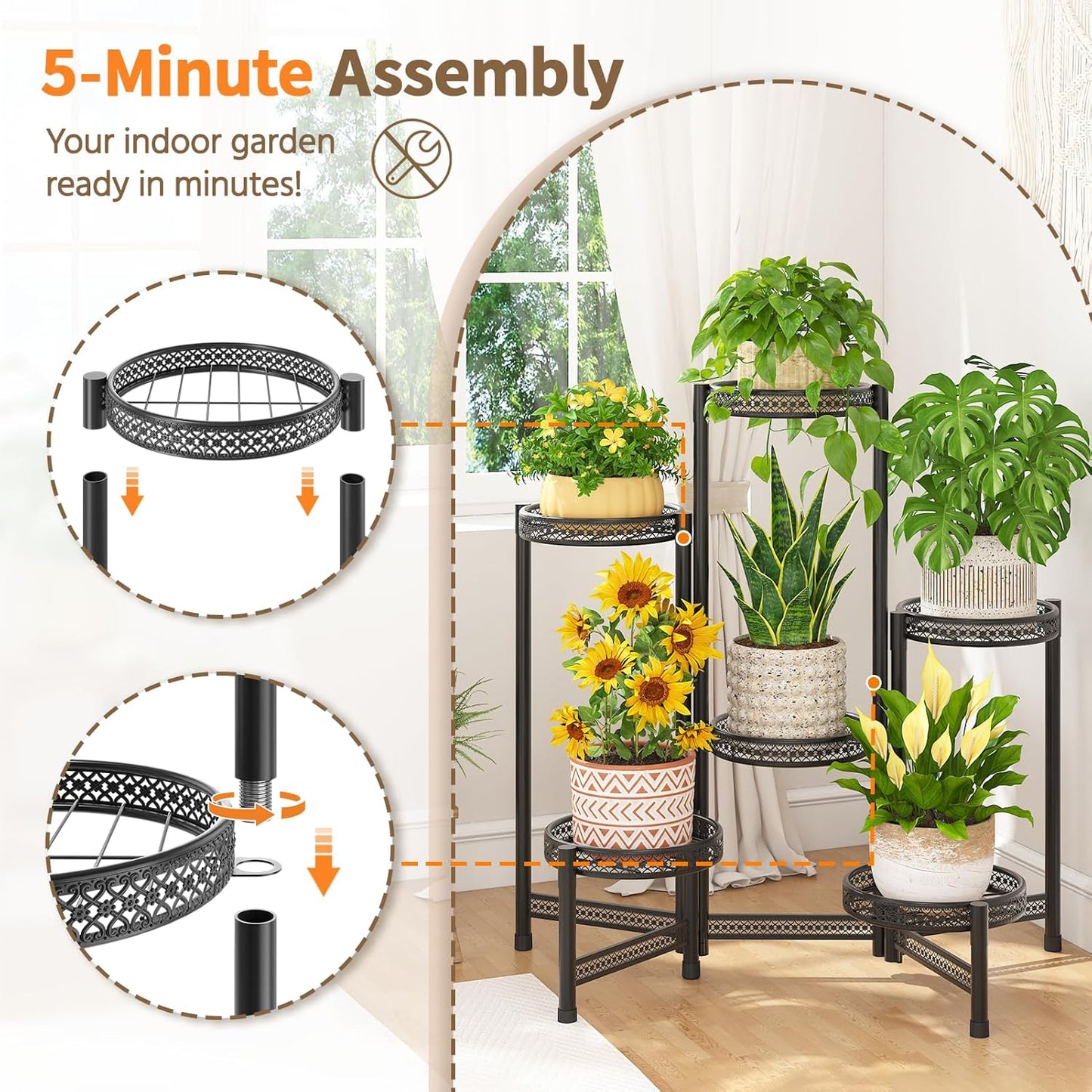 LASZOLA 6 Tiered Folding Tall Plant Stand Indoor Outdoor for Large Planter, Heavy Duty Metal Adjustable Multiple Flower Rack for Corner, Wrought Iron High Spiral Holder for Modern House Patio, Black