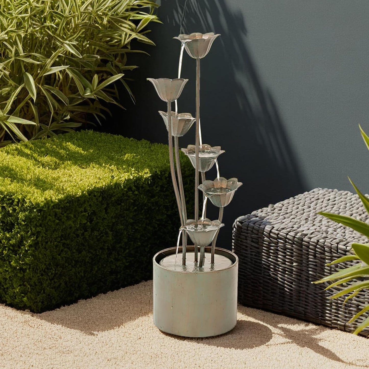 XBrand Sculptural Freestanding Metal Multi-Tiered Water Fountain w/Flowers, No LED Lights, Silver, 35" Tall