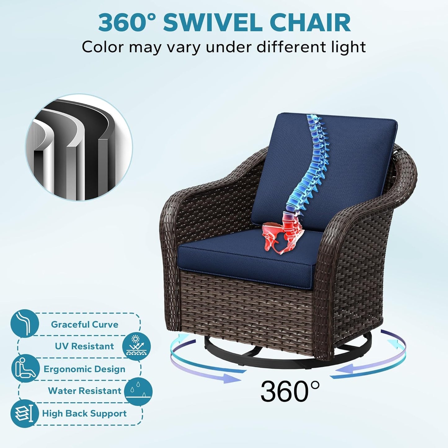 3 Pieces Patio Conversation Set, 78" Wicker 2-Seat Couch with Washable Cushions, Wicker 360 Degree Swivel Glider Rocker Chairs, Sofa for Garden, Lawn (Navy Blue)