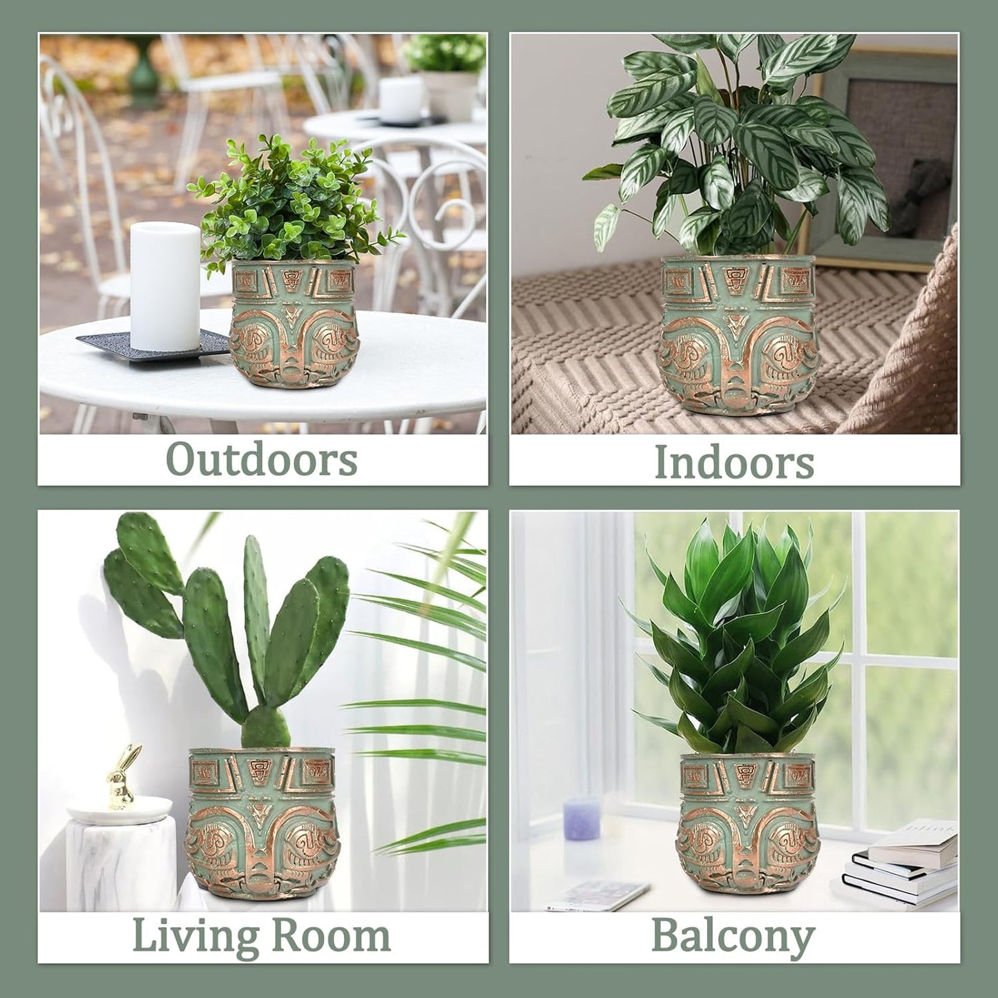 Tribal Vintage Face Planter,Lightweight Unique Plant Pots with Drainage,Eclectic Small Succulent Flower Planters Pots for Outdoor&Indoor Plants,Funny Garden Pot for Room Decor(5.5in,Green)