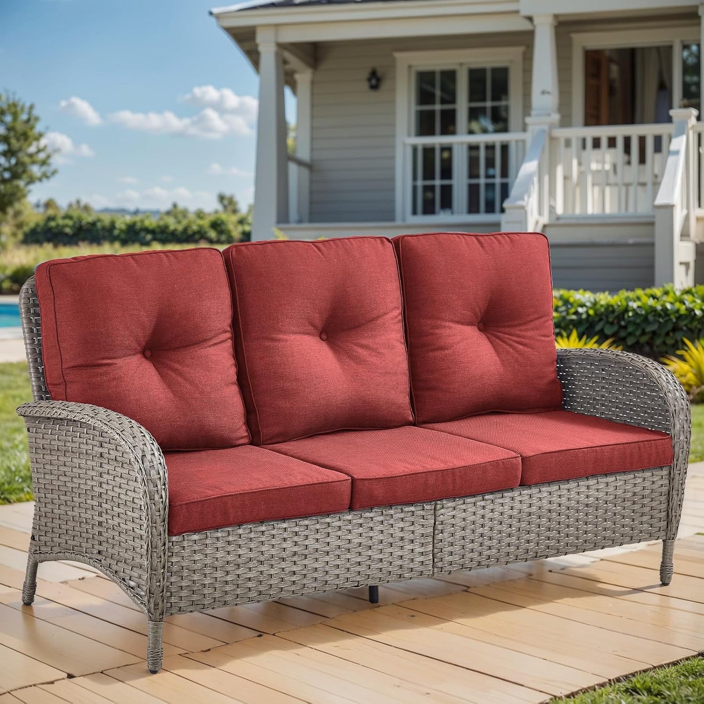 HUMMUH Outdoor Patio Couch-Outdoor Rattan Couch with Thick Cushions Outdoor Sofa for Deck Lawn Porch Balcony Poolside-Grey/Red