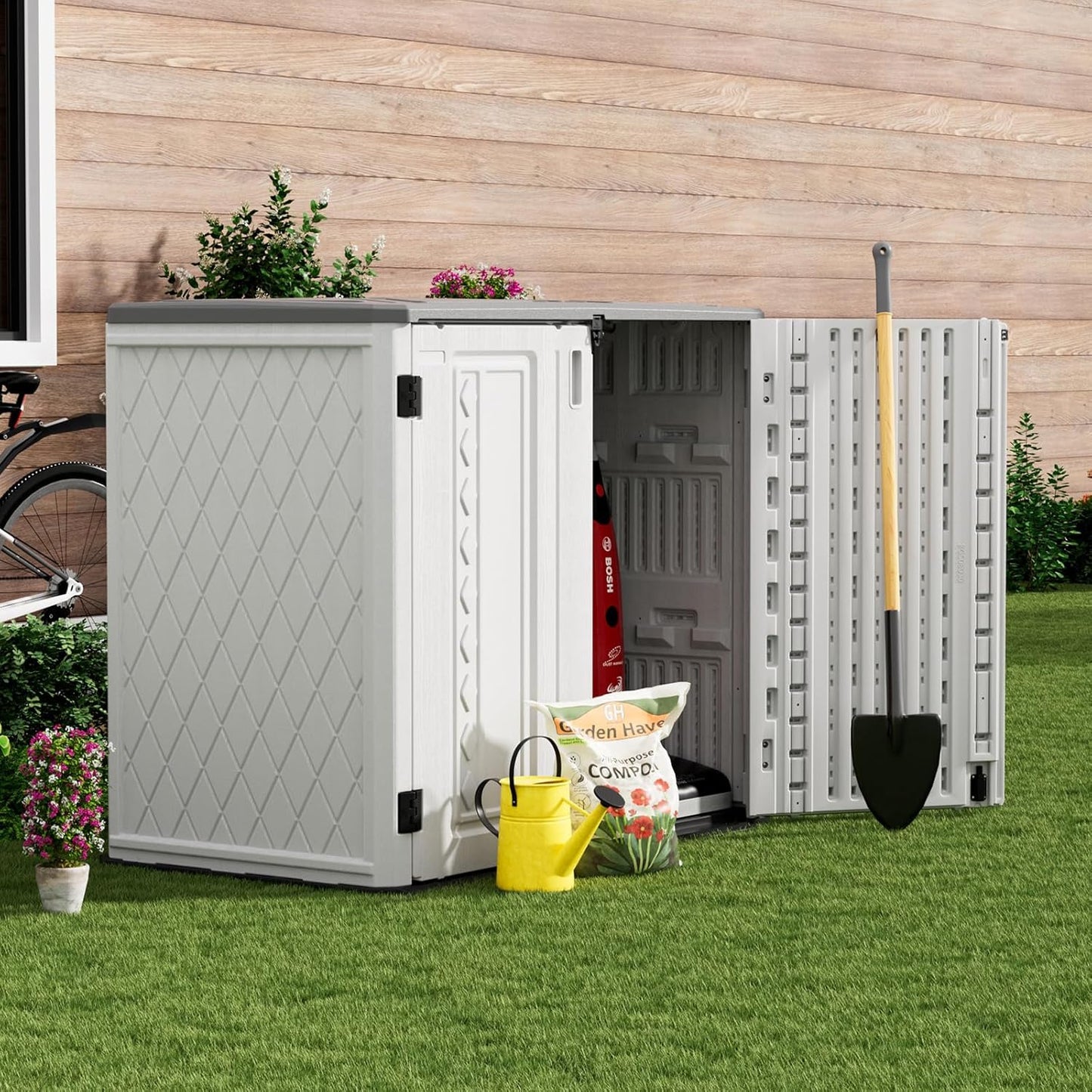 ZZM 4x3FT Heavy-Duty Outdoor Storage Shed | 34 Cu.Ft Waterproof Resin Cabinet with Double-Wall | UV-Resistant & Lockable for Garden Tools, Bikes, Patio Furniture (Wood Grain Texture)