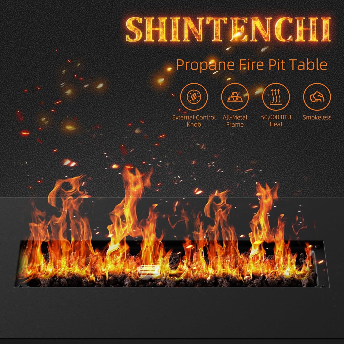 Shintenchi 43 Inch Fire Pit Table, 50,000 BTU Outdoor Propane Fire Table, Outdoor Steel Propane Fire Pit with Lid and Lava Rock for Garden, Yard, Camping, Pool Use, Black