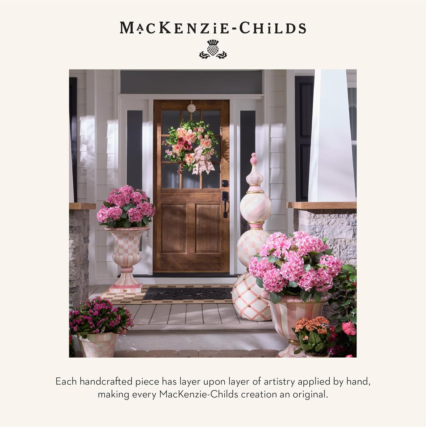 MACKENZIE-CHILDS Enamel Garden Pot, Decorative Pot for Plants, Outdoor Flowerpot Decor, Extra Large, Pink-and-White Rosy Check