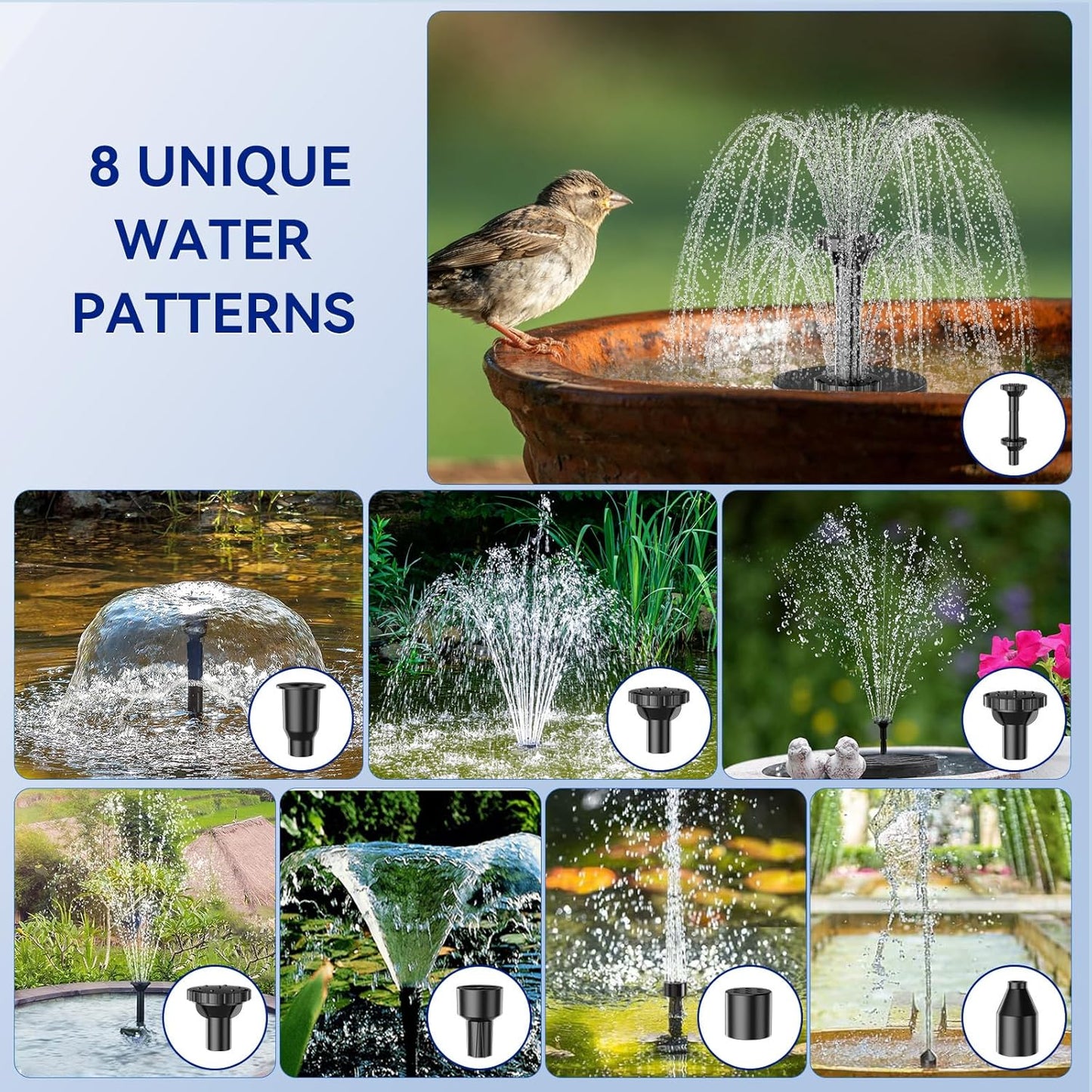 Antfraer Solar Fountain for Bird Bath, 8W Solar Water Fountain Pump with Dry-Run Protection & Double-Layer Nozzles, Solar Powered Fountain with 5Ft Tubing for Small Pond, Bird Bath, Water Feature-A108