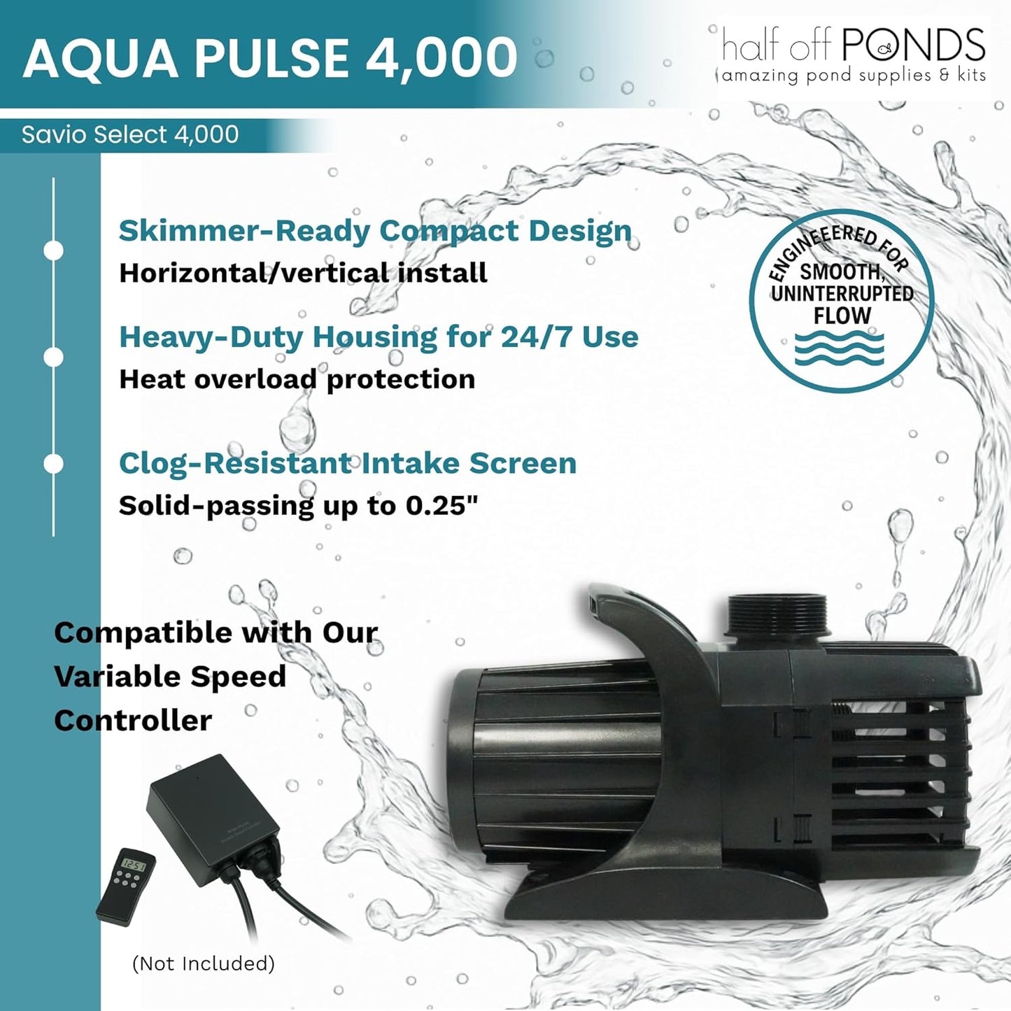 HALF OFF PONDS Savio Select 4,000 GPH Submersible Pump Pond Kit with 15' x 20' PVC Plastic Pond Liner, UV Clarifier for Water Garden & Koi Pond