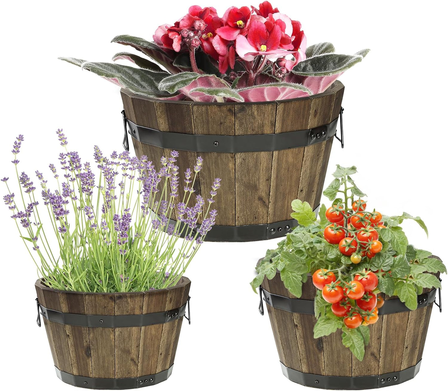 IDZO Set of 3 Wooden Flower Planters for Outdoor Plants, Acacia Wood Barrel Planters, Ergonomic Handles, Drainage Holes, Various Sizes, Walnut