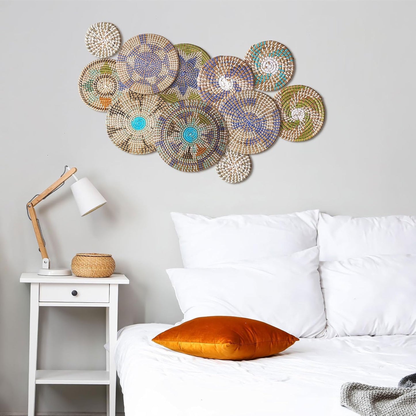 Tatuo 11 Pcs Boho Wall Basket Decor Decorative Bulrush Woven Basket Wall Decor Art Round Farmhouse Hanging Baskets for Kitchen Rustic Home Summer Decorations, Multi Sizes(Multicolour)