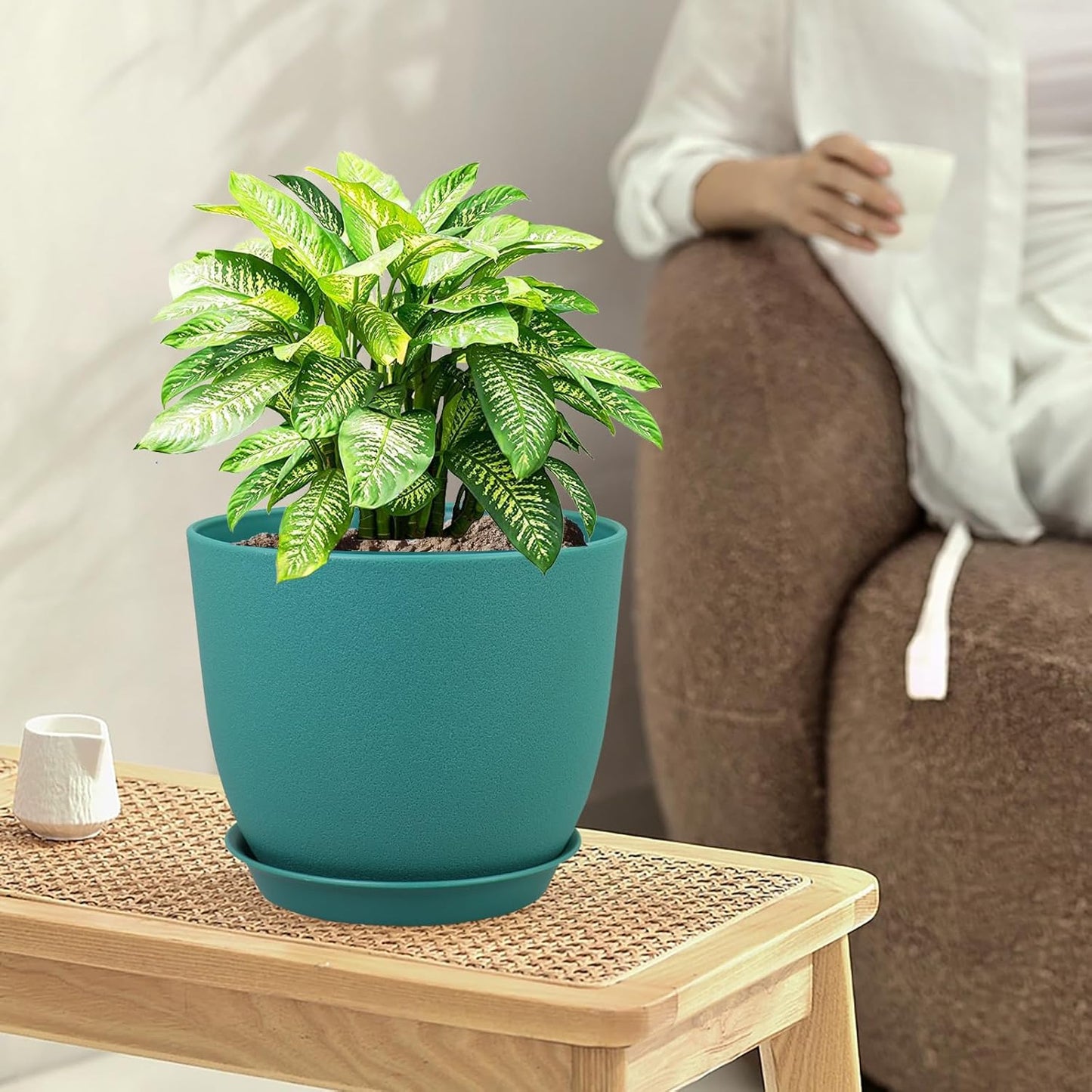 Large Flower Pots 12/10/9 inch, Set of 3 Modern Decorative Plastic Planters with Drainage Holes and Saucers for House Plants, Plant Pots for Indoor Outdoor Plants, Blue Green