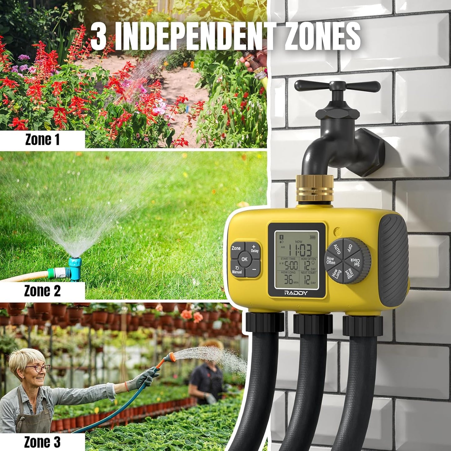 Raddy WS-8 Sprinkler Timer 3 Zone, Heavy-Duty Outdoor Irrigation Controller with Manual Watering, Rain Delay, High-Pressure 6V Valve, Fully Waterproof for Garden Yard, Yellow