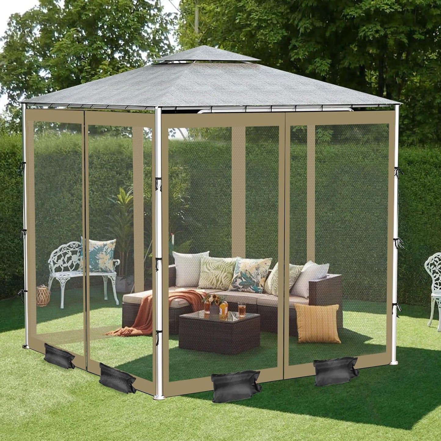 ShowyLive 10x10 Patio Umbrella Mosquito Netting with Zipper 4 Doors & 8 Weight Bag - Adjustable Polyester Mesh Bug Screen for Outdoor Umbrellas, Garden, Patio Tables (Green)