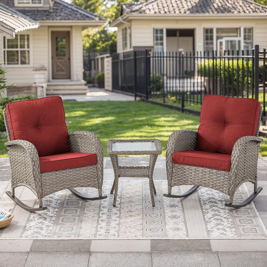 HUMMUH Outdoor Bistro Set-High Back Outdoor Rocking Chair with Side Table Patio Table and Chairs Set for Deck Lawn Porch Balcony Poolside-Grey/Red