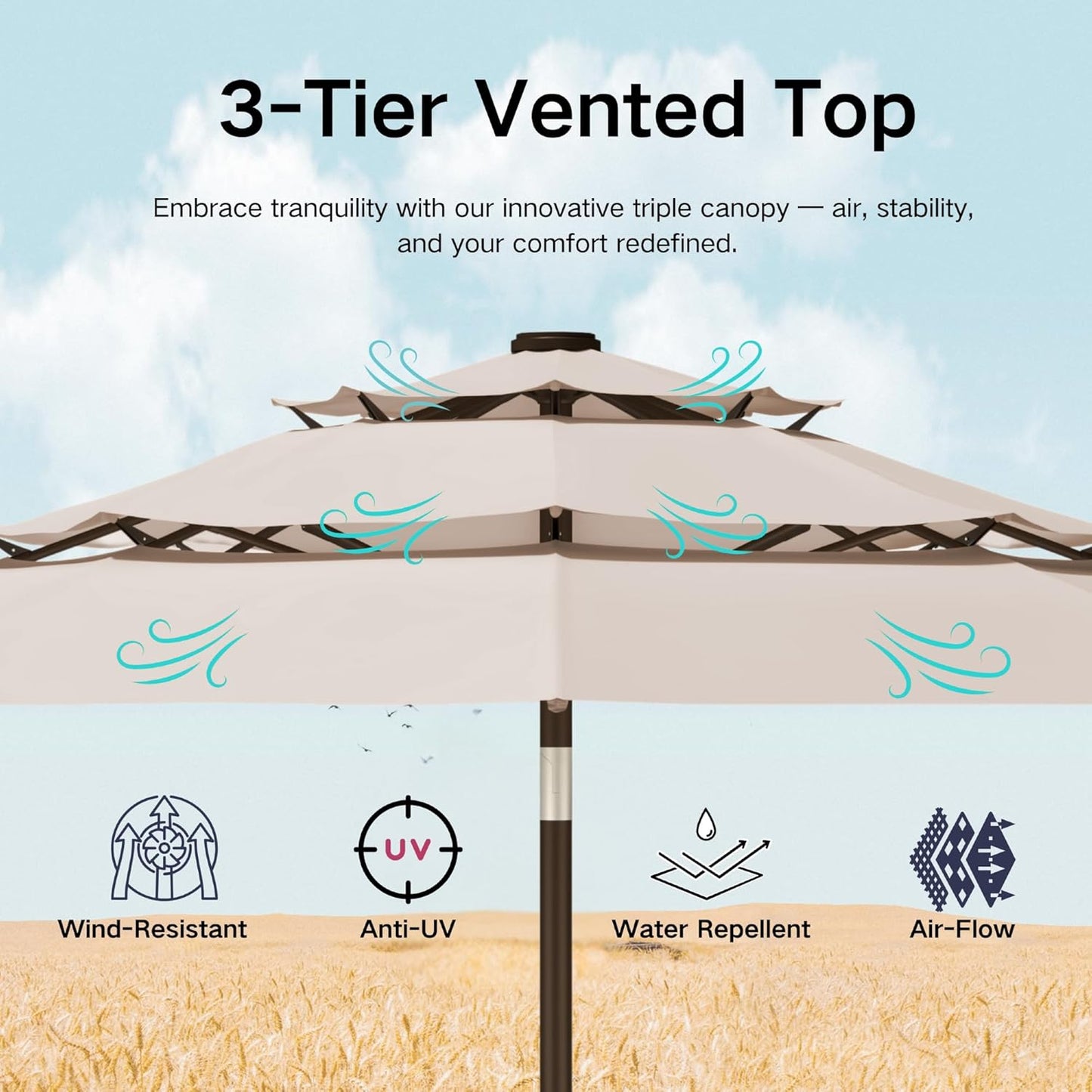 Kingdura 9ft 3-Tier Patio Umbrella with Solar Lights, Table Umbrella Outdoor Patio with Easy Crank & Tilt, 8 Sturdy Ribs, UV Protection, 32 LED Lights for Deck, Poolside, Market (Beige)
