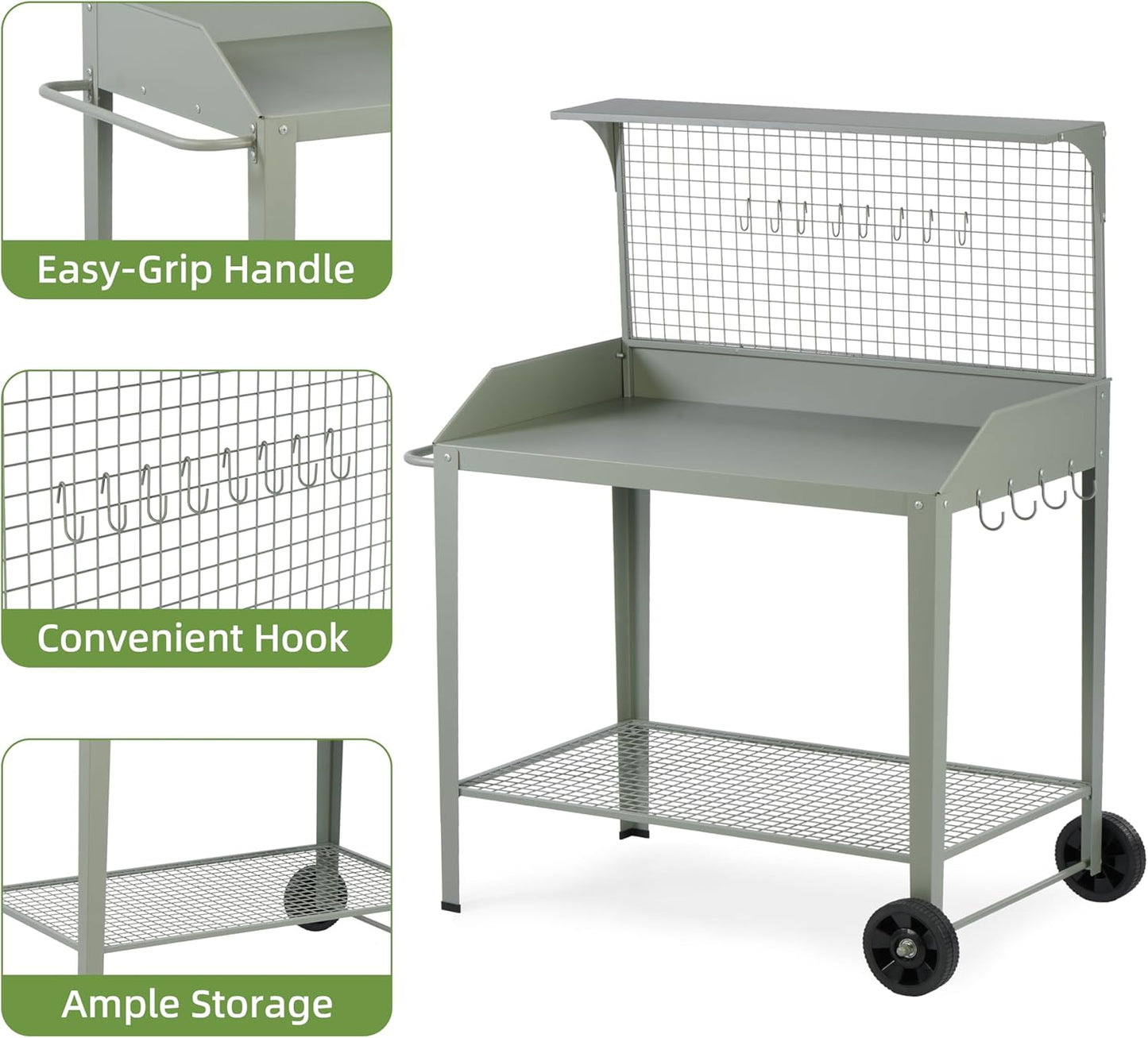 Outdoor Metal Potting Bench with Wheels, Heavy Duty Garden Workbench Table with Storage Shelf (Green, 52.8"x36.6")