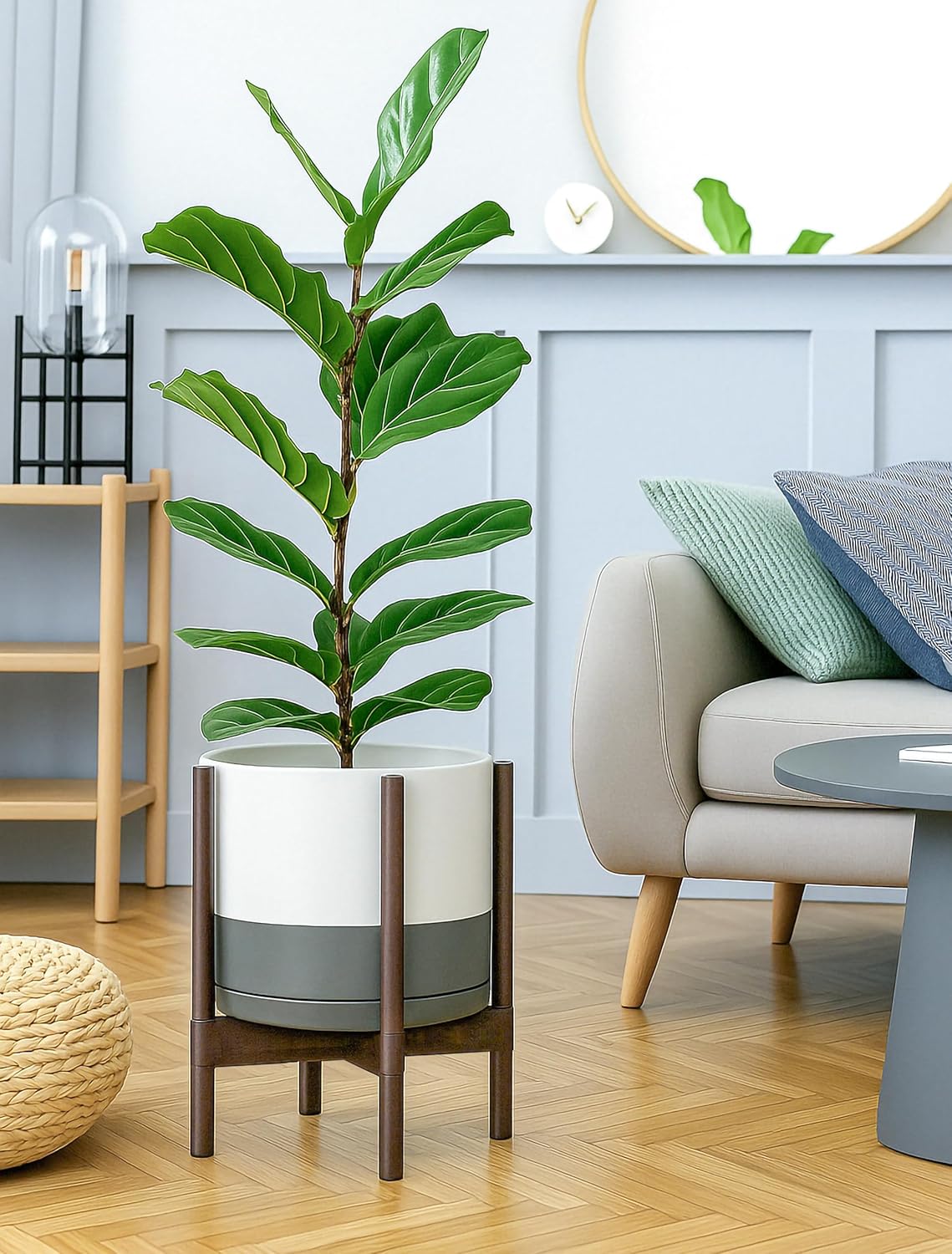 D'vine Dev Ceramic Planter with Walnut Color Stand - 12 Inch Modern Round Flower Pot with Wood Planter Holder, White/Grey, 55-B-W-6