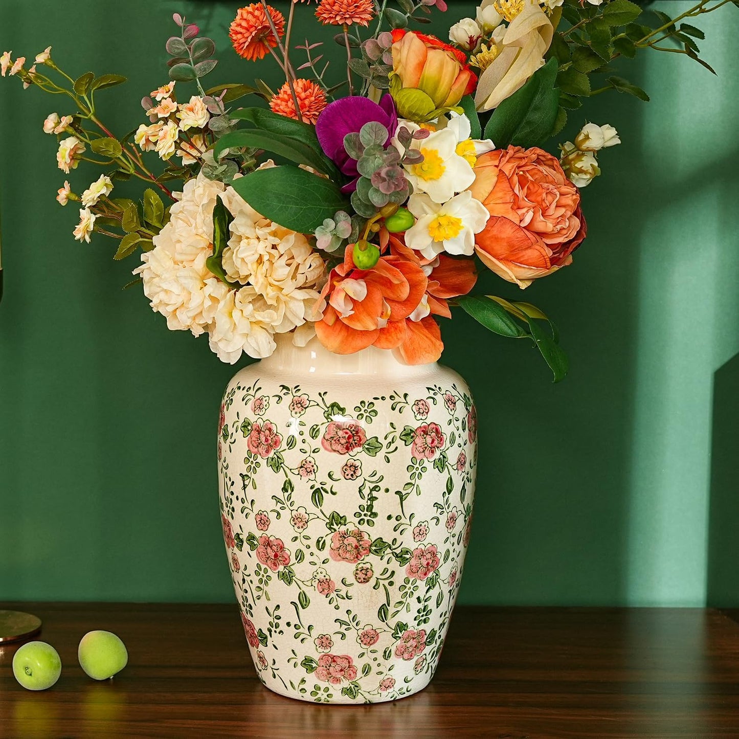 Sungmor Ceramic Flower Vase, Vintage Ice Cracked Glaze Porcelain Vase, Pretty Home Decor Vase for Flower Arrangement, Fresh Flowers, 10.2 Inch Tall Chinoiserie Pottery Vase, Pink Floral Pattern