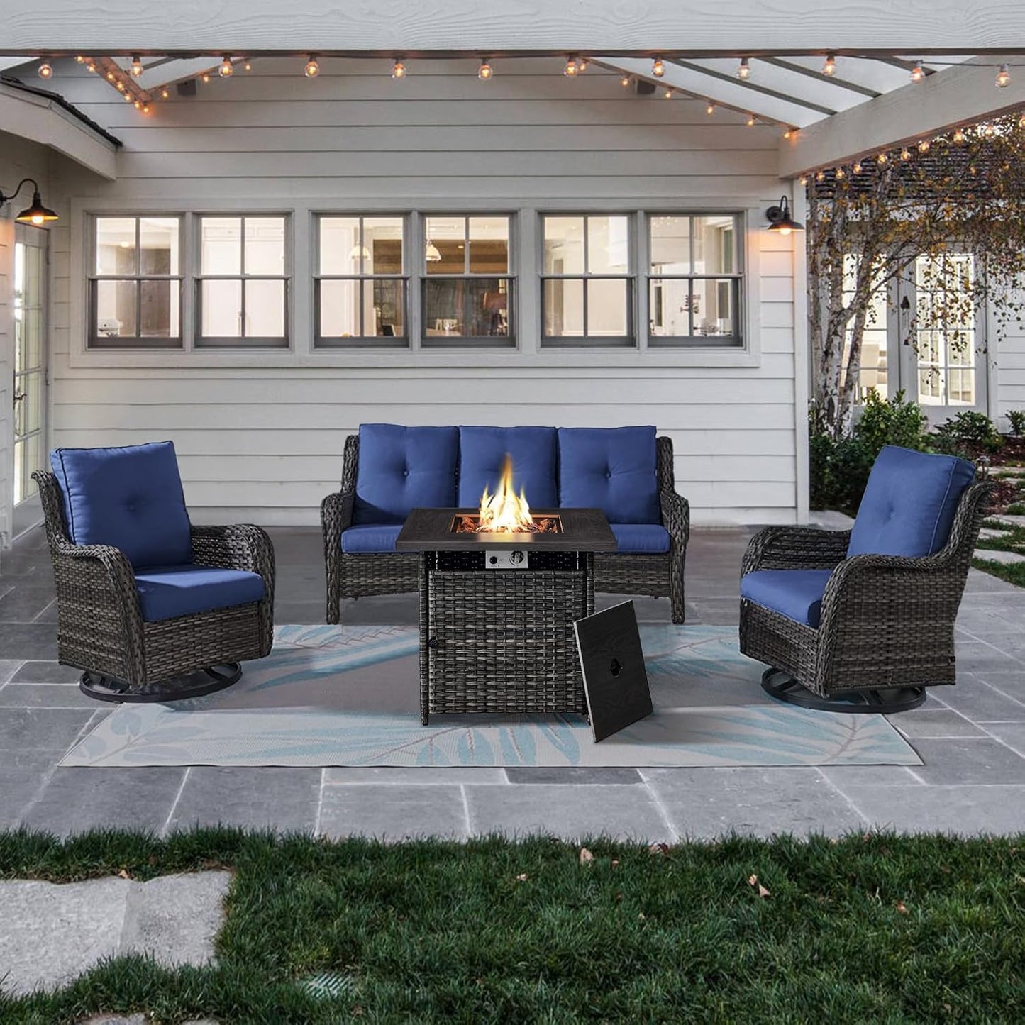 Outdoor Patio Furniture Set with 50000BTU Propane Fire Pit Table, 4 Pieces Wicker Patio Conversation Set with 2 Swivel Rocker Glider Chairs Rattan Sofa Blue Cushion Perfect for Gathering