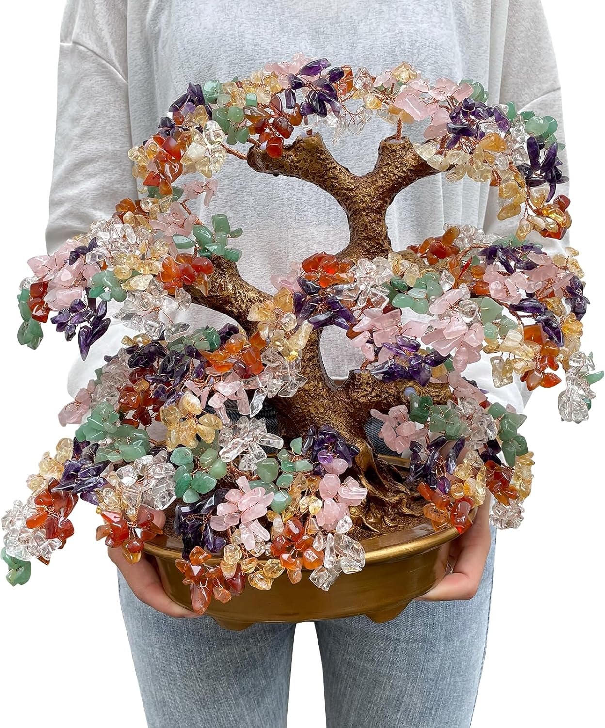 Feng Shui Money Tree Large Pine Tree Style Crystal Quartz Lucky Tree Gem Tree for Office Home Feng Shui Decoration for Wealth/Fortune and Luck (Yellow)