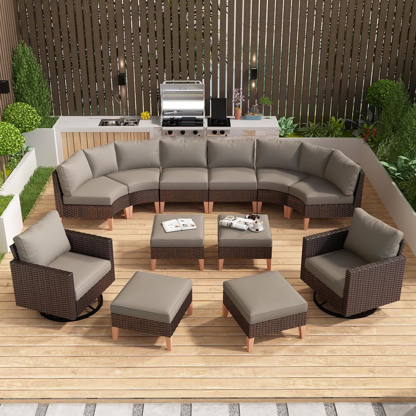 HUMMUH Patio Furniture Set,Outdoor Sectional Couches Swivel Patio Chairs and Ottomans,All Weather PE Wicker 12 Pieces Patio Conversation Sets for Garden Porch Backyard